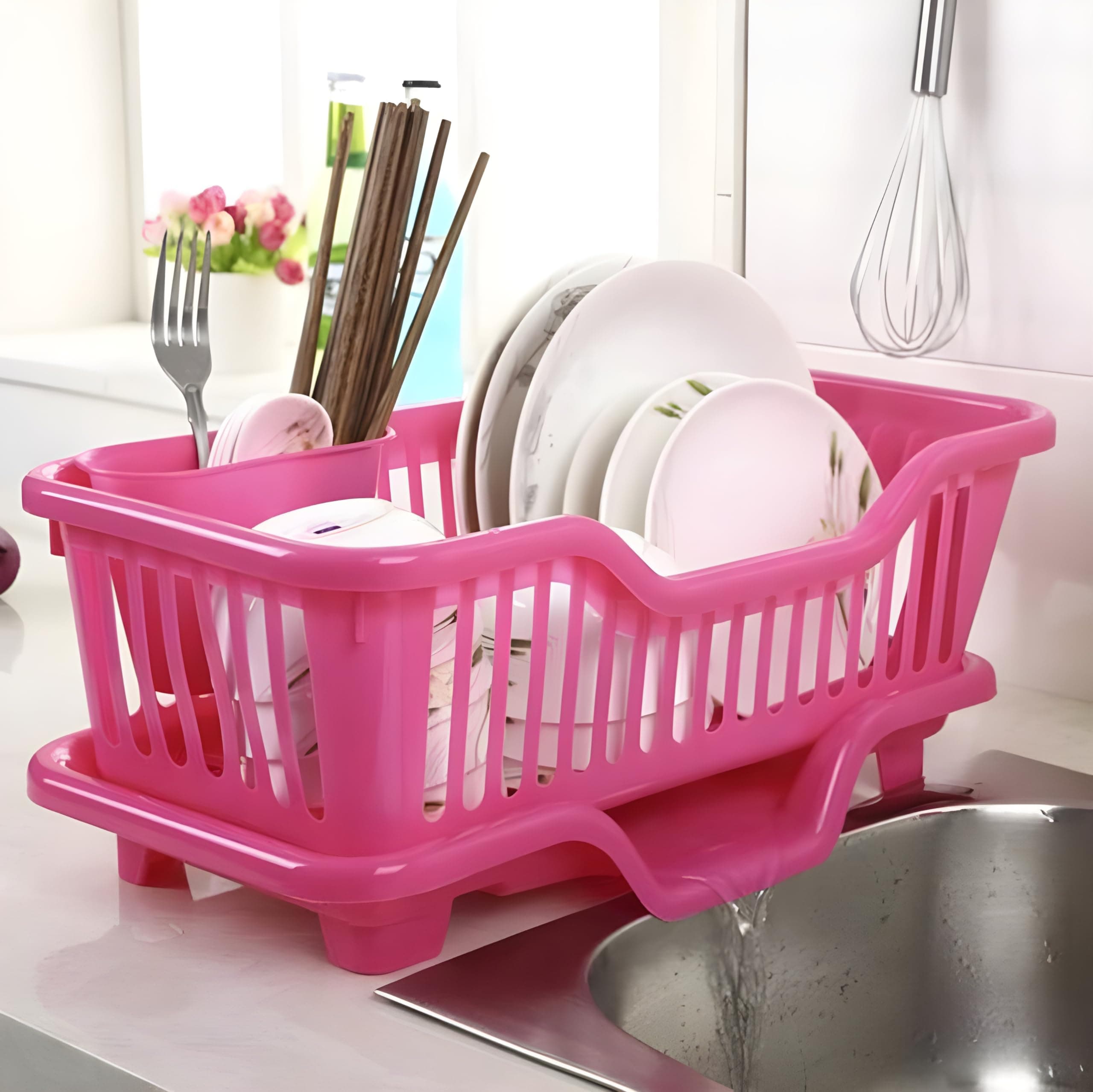 3 in 1 Durable Plastic Kitchen Sink, Large Dish Rack Drainer With Tray, Drying Basket for Utensils and Dishes, Pink