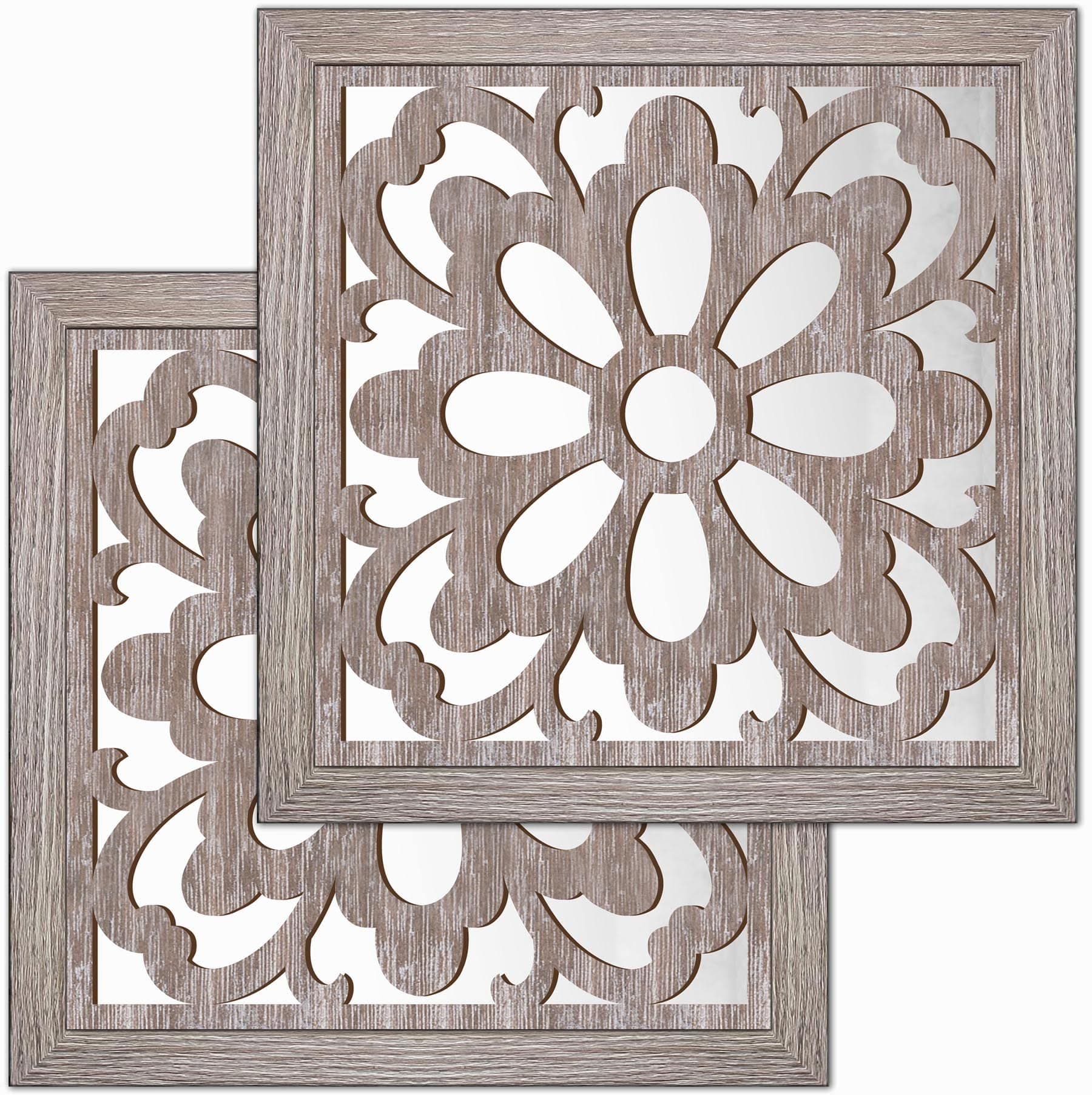 Yudarte 2pcs Set Square Mandala Cutout Wall Mirror Decor - Farmhouse Rustic Decorative Mirrors for Bedroom Bathroom Living Room Kitchen Entryway 12x12 Inches