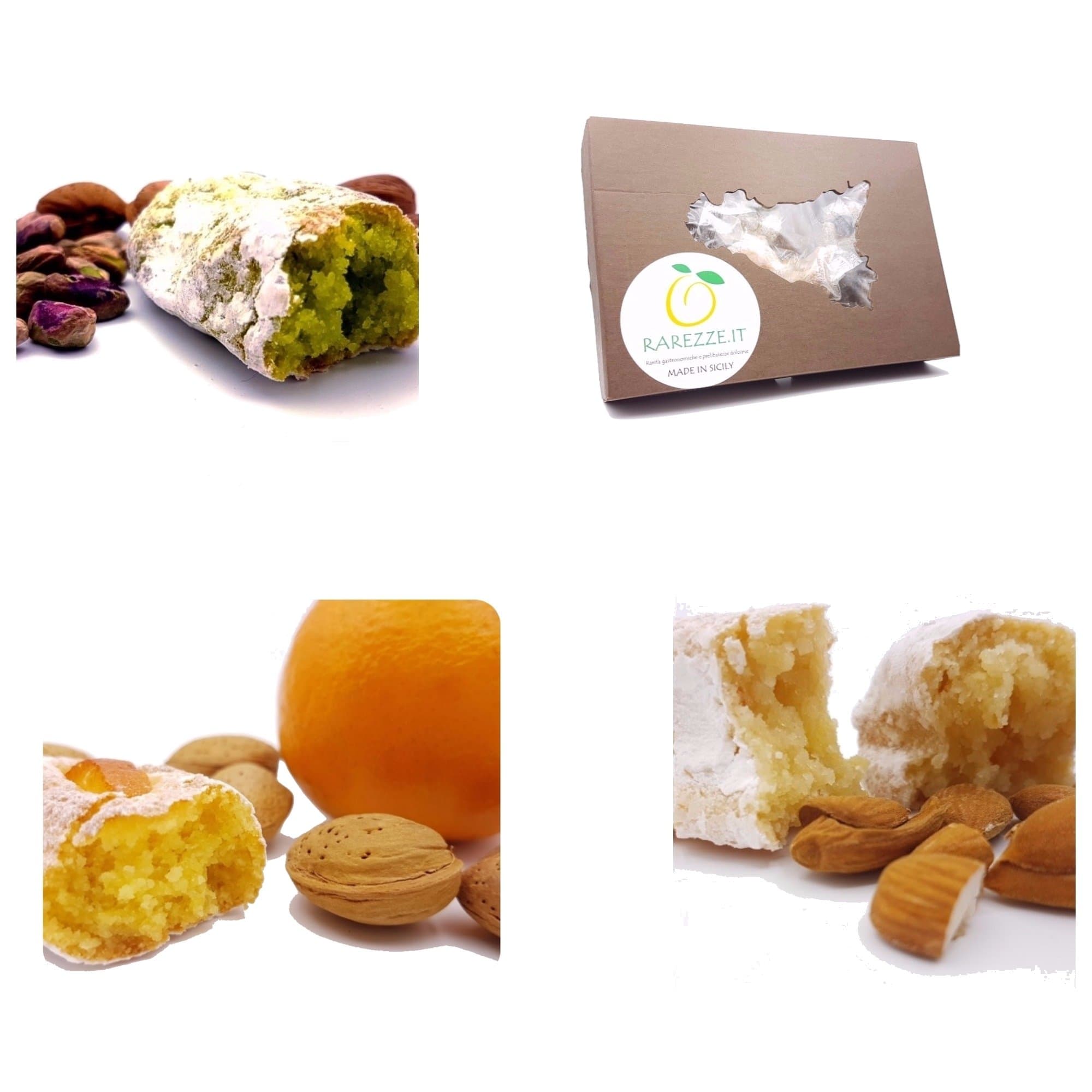 Sicilian mixed almond paste pastries, in an elegant gift box (750gr). Rarezze: almond cakes, pastries, cakes, cookies from Sicily's ancient pastry shop.