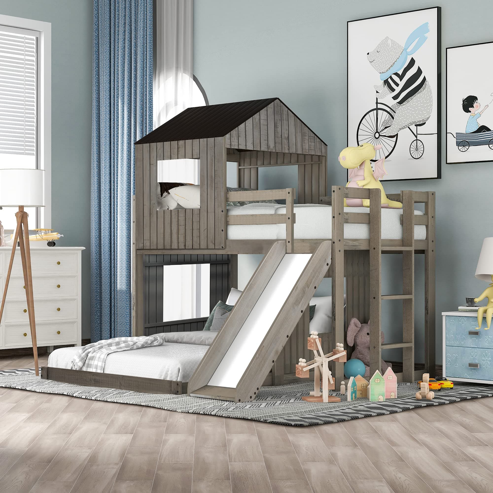 Twin Over Full House Bunk Beds with Full Size Bottom Platform Bed Frames and Slide, Antique Gray