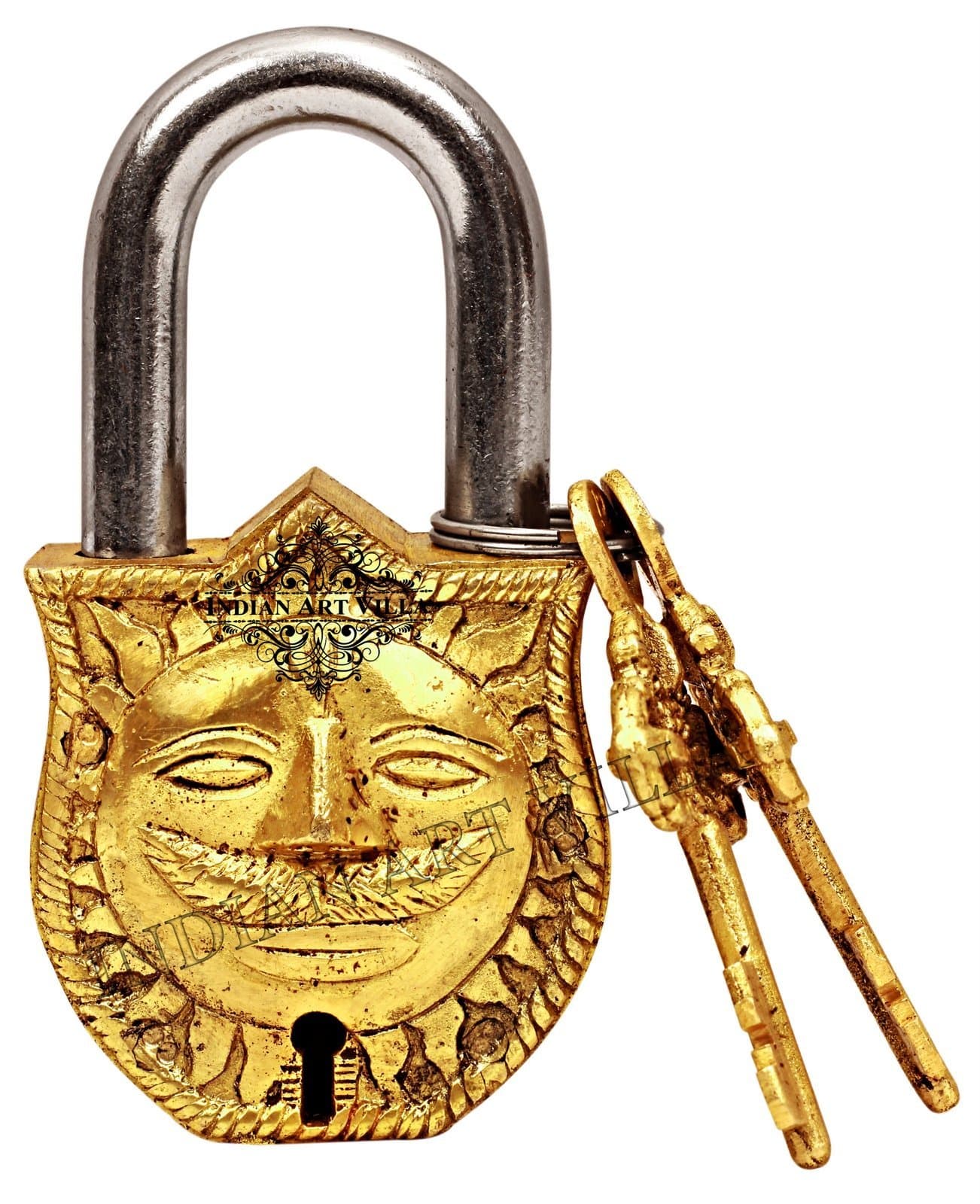 Indian Art Villa Surya Dev Smiling Sun Design Brass Pad Lock with 2 Keys, Door Lock Security Safety, Height 4.5" Inch, Gold