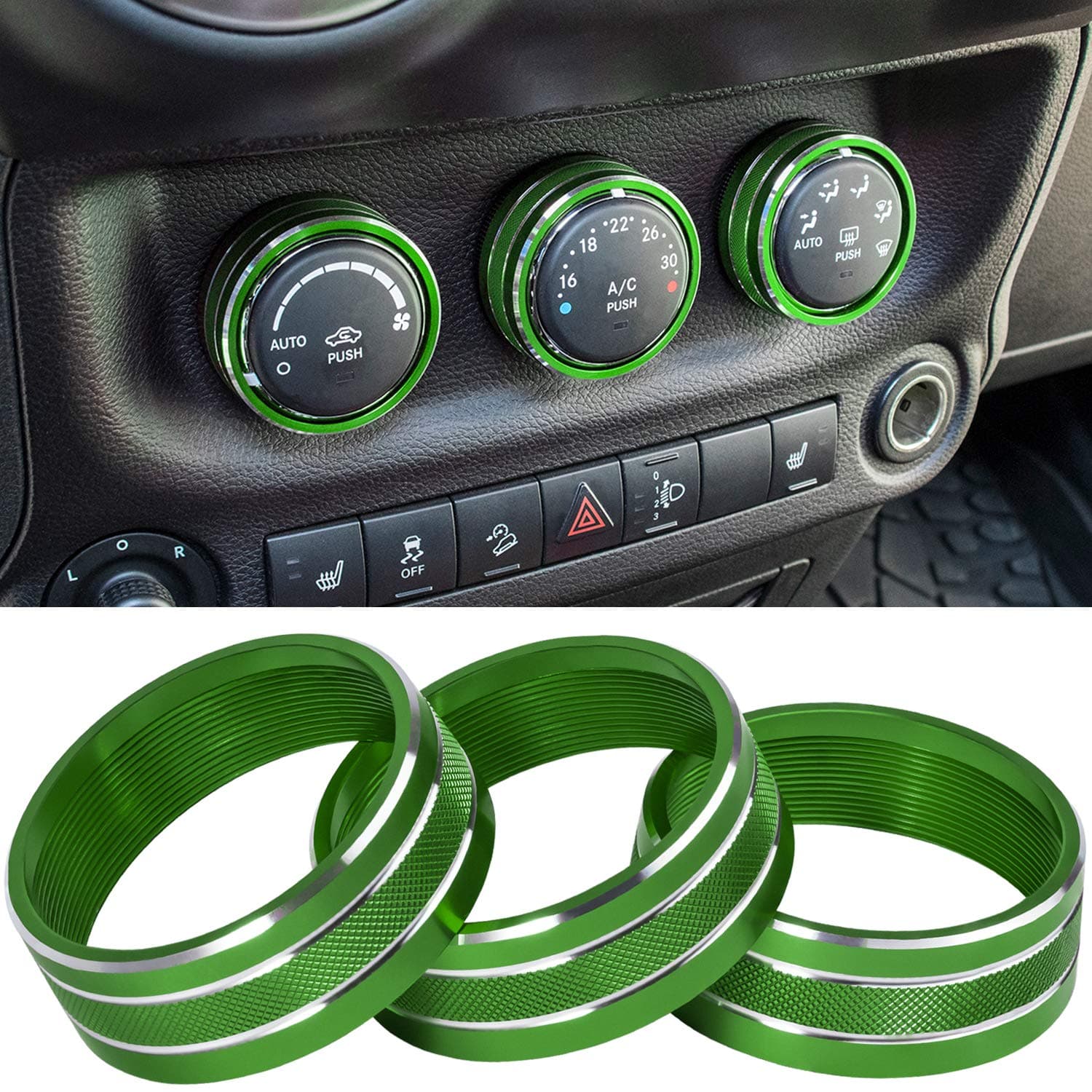 Audio Air Conditioning Button Cover Decoration Twist Switch Ring Trim for Jeep Wrangler JK JKU Patriot 2011-2018, Compass 11-16, Liberty 08-12, Dodge Challenger 08-14 Interior Accessories (Green)