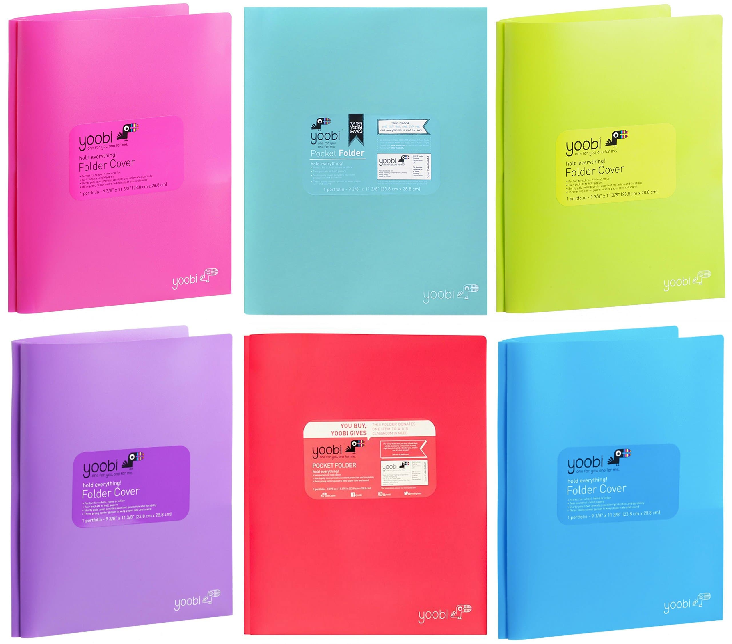 Yoobi Poly Folders with 3 Prongs & Twin Pockets - Pack of 6 - Assorted Colors