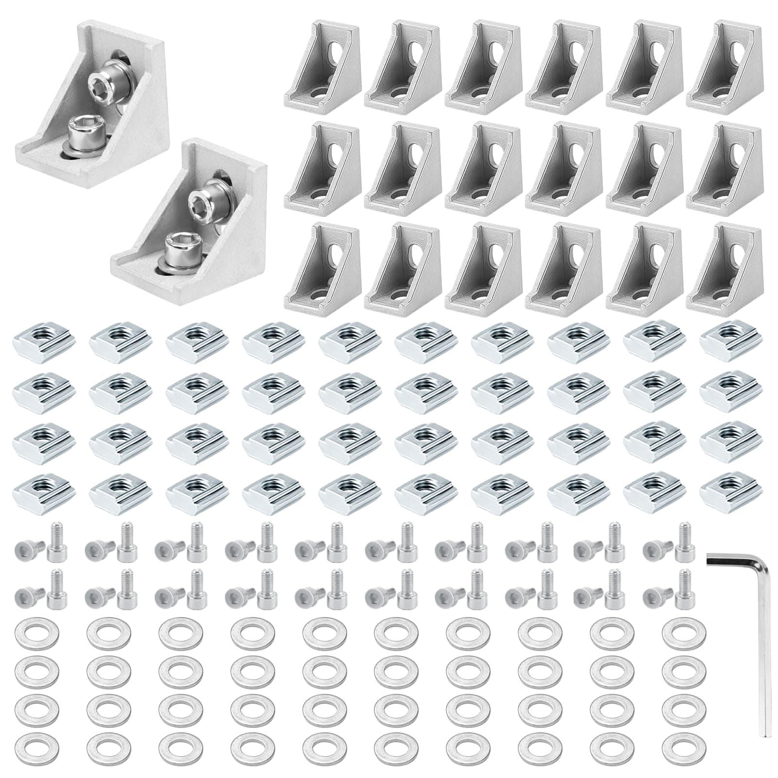 20 Set Silver 4040 Series Aluminum Extrusion Profile Connector, Includes 1pc Wrench, 20pcs 3540 Corner Bracket, 40pcs M8 T-Slot Sliding Nuts and Hex Screw Bolt for 20S Aluminum Rail Accessories
