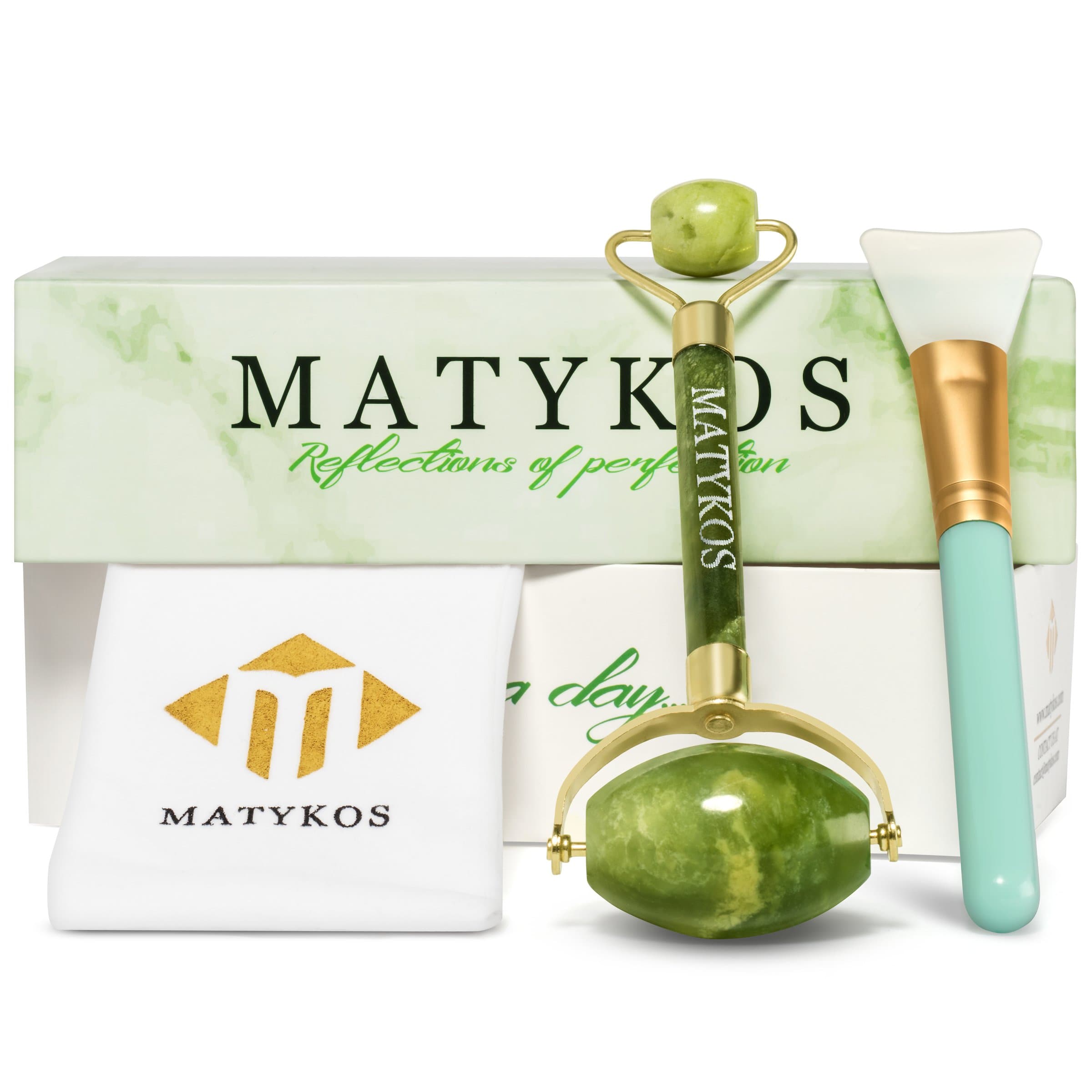 FLASH SALE Anti Aging Jade Roller Tool for Face Massage Therapy 100% Natural Stone Includes Facial Silicone Spatula, Storage Bag, Quality Certificate, Brochure and Gift Box by Matykos