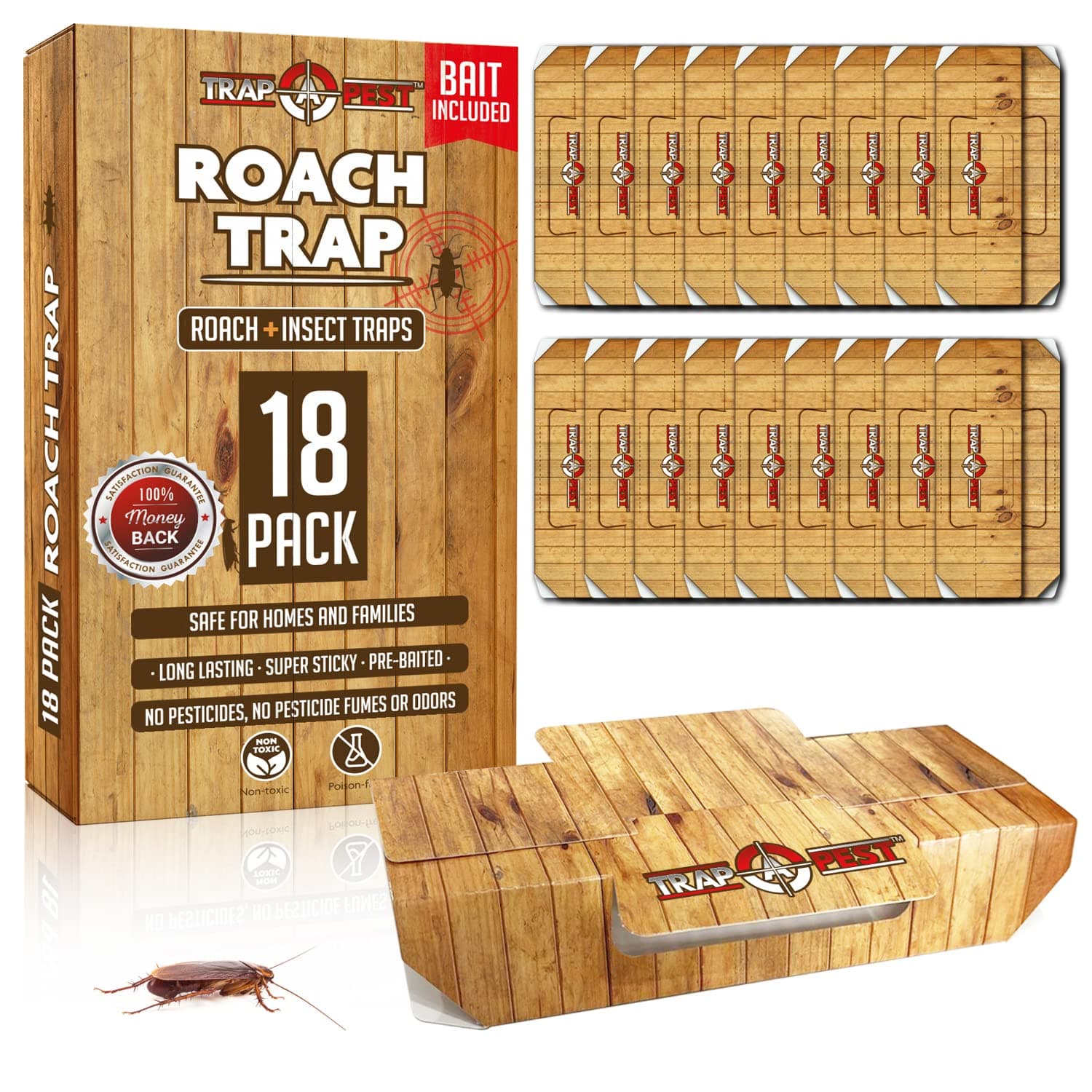 Trap A Pest Roach Traps Indoor Sticky (18 Pack) - Glue For Roaches Bug With Bait Cockroach Long Lasting Non-Toxic Children And Pet Friendly