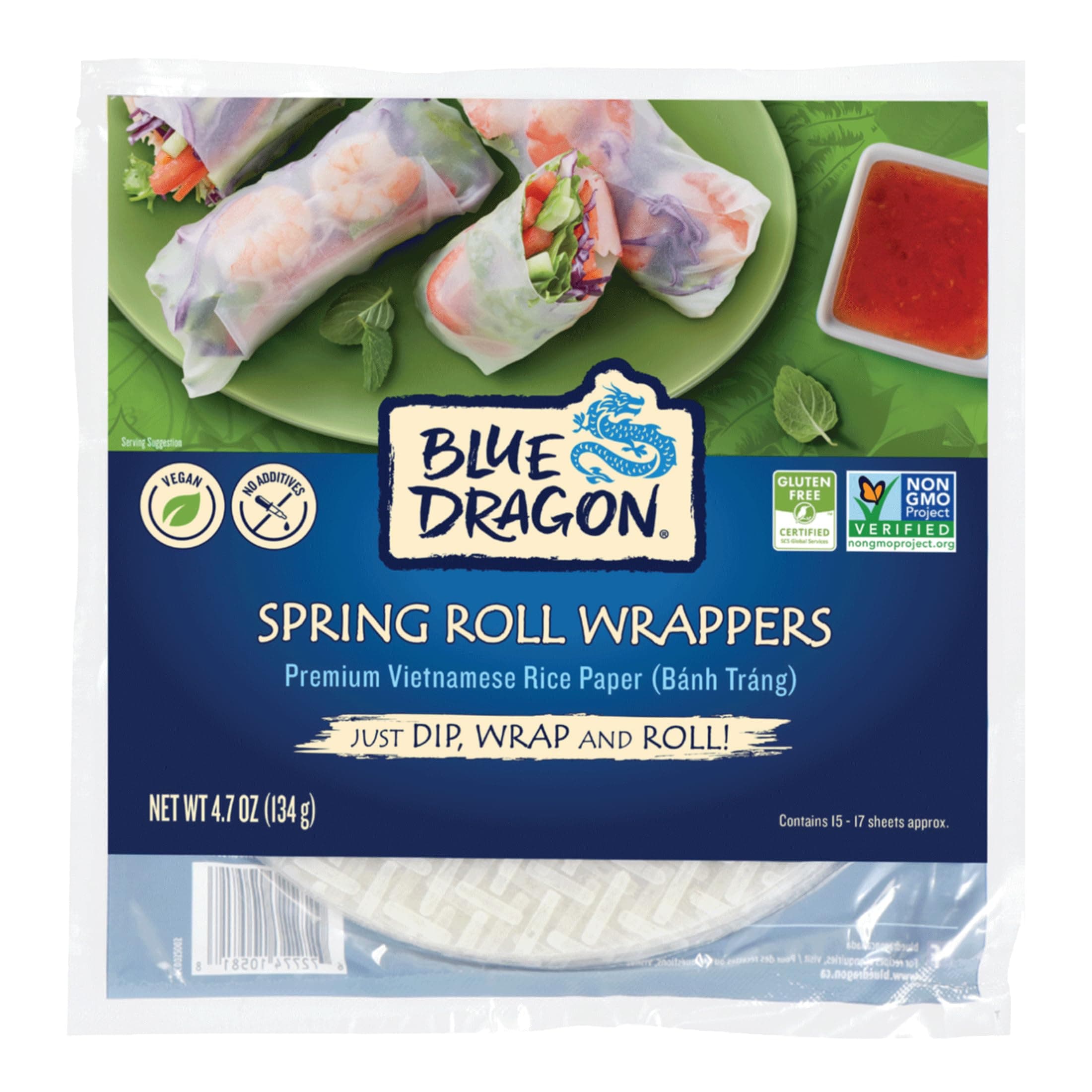 Blue Dragon Spring Roll Wrappers - 4.7oz (Pack of 1) - Vietnamese Rice Paper Sheets - No Added Colors, Flavors Or Preservatives - Vegan, Gluten Free, Non-GMO - Ideal For Fresh Or Fried Spring Rolls