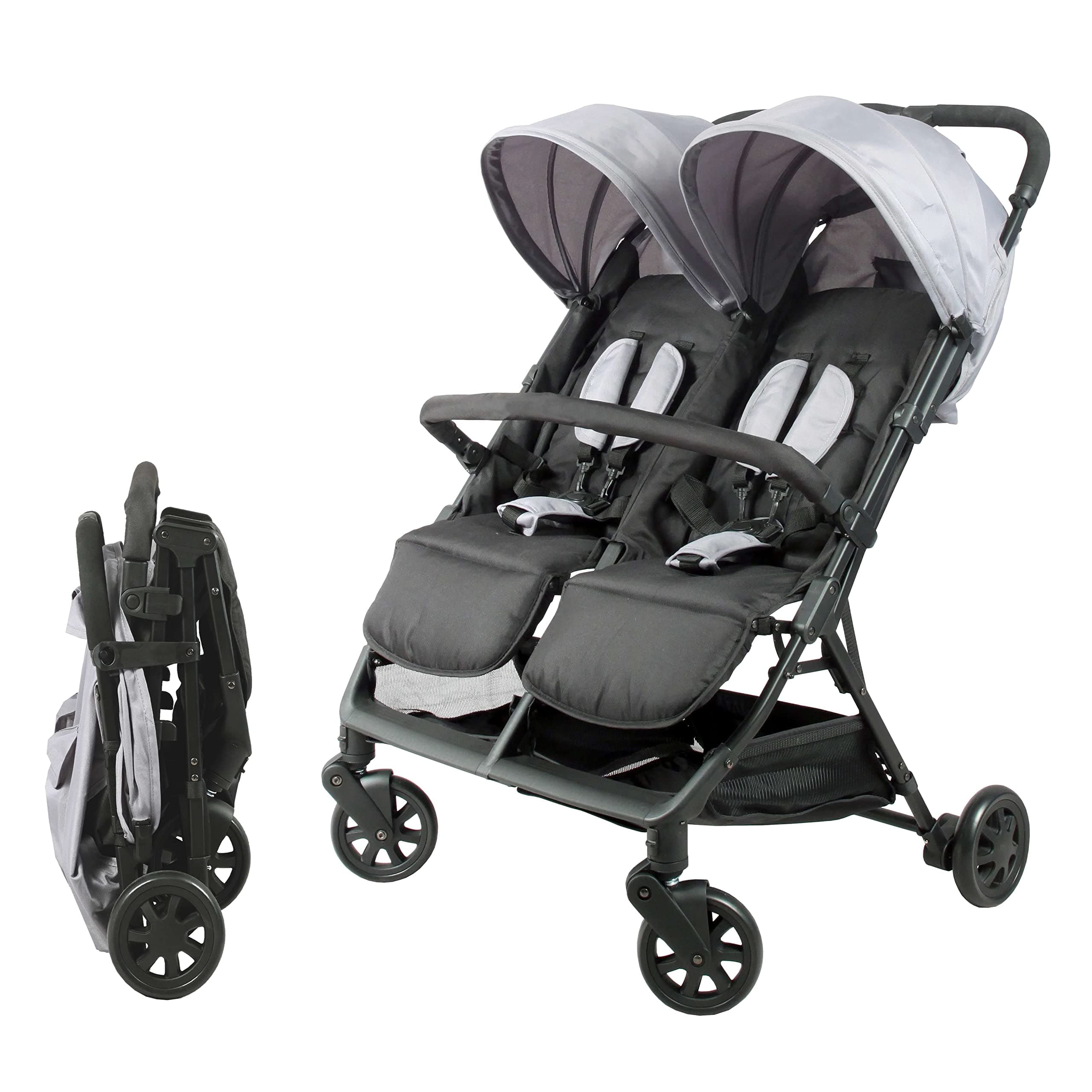 Bambisol Double Pushchair Side by Side | Ideal for Twins from Birth with Ultra Compact Folding | Colour Black and Grey