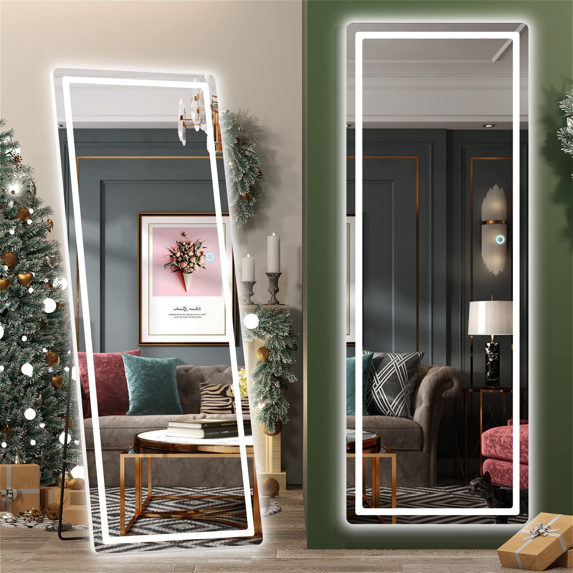 Hasipu Full Length Mirror with Lights, 65" x 22" LED Floor Mirror, Full Body Dressing Standing, Hanging Mounted Mirror for Living Room Bedroom Cloakroom, Round White