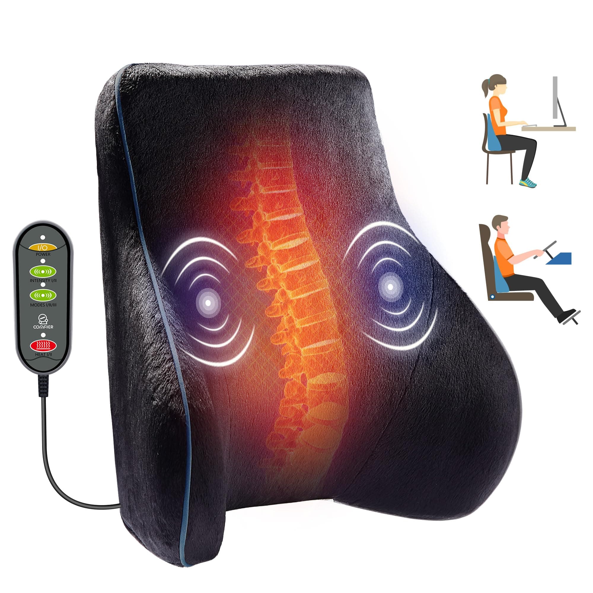 COMFIER Lumbar Pillow for Office Chair, Memory Foam Back Massagers for Back Pain,3 Massage Modes & 2 Heat Levels, Adjustable Straps Cushion for Office Chair, Recliner, Gifts