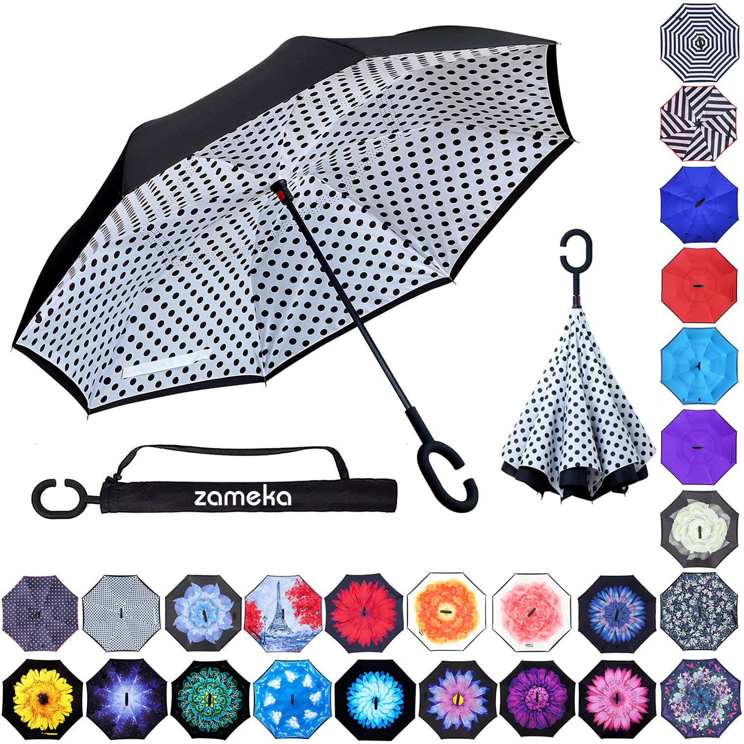 Double Layer Inverted Umbrellas Reverse Folding Umbrella Windproof UV Protection Big Straight Umbrella Inside Out Upside Down for Car Rain Outdoor With C-Shaped Handle