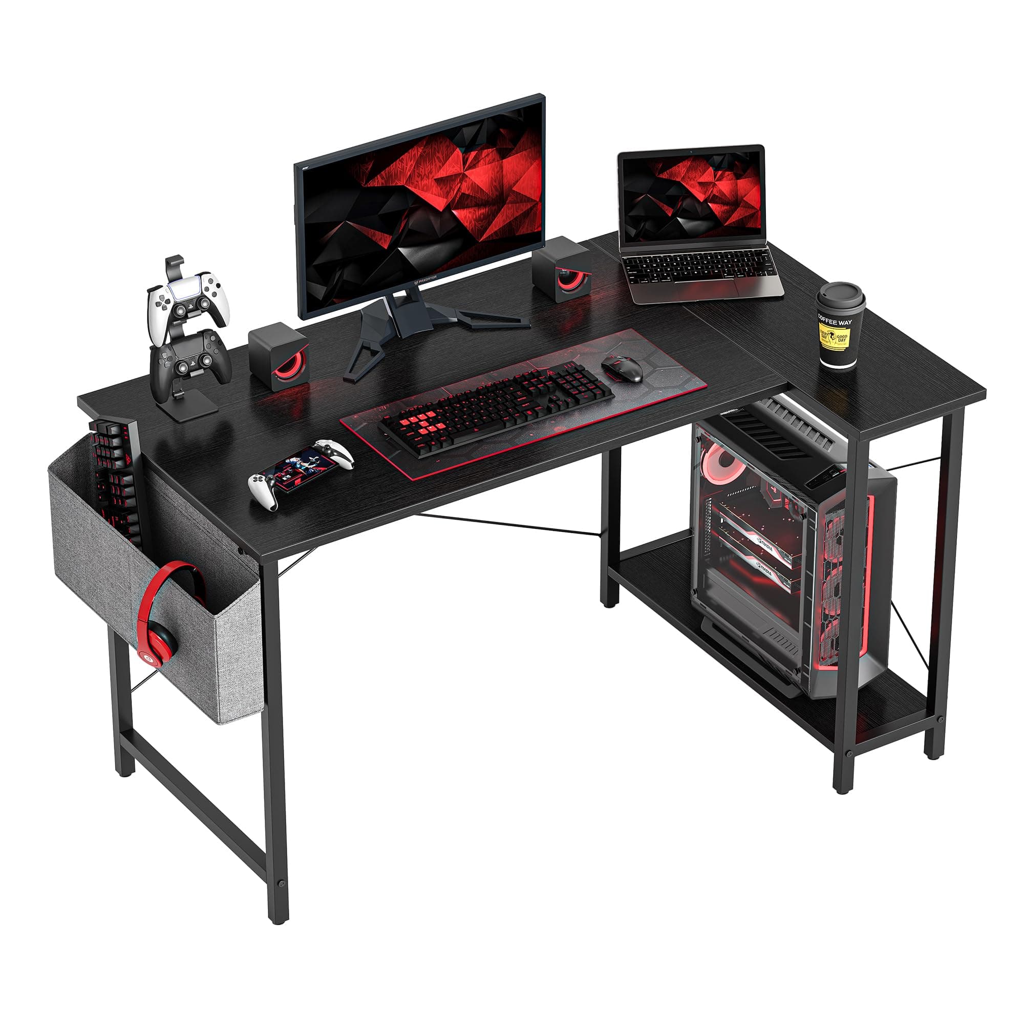 CubiCubi L Shaped Gaming Desk, 100x70 cm Computer Desk with Storage Bag, Office Desk Writing Table with Large Reversible Storage Shelves, Workstation for Study Play Work Home Office, Black