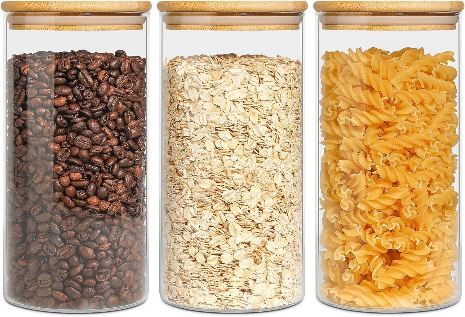 ComSaf Glass Food Storage Canisters with Lids Set of 3-30oz, BPA Free High Borosilicate Glass Cookies Jars with Sealing Bamboo Cover