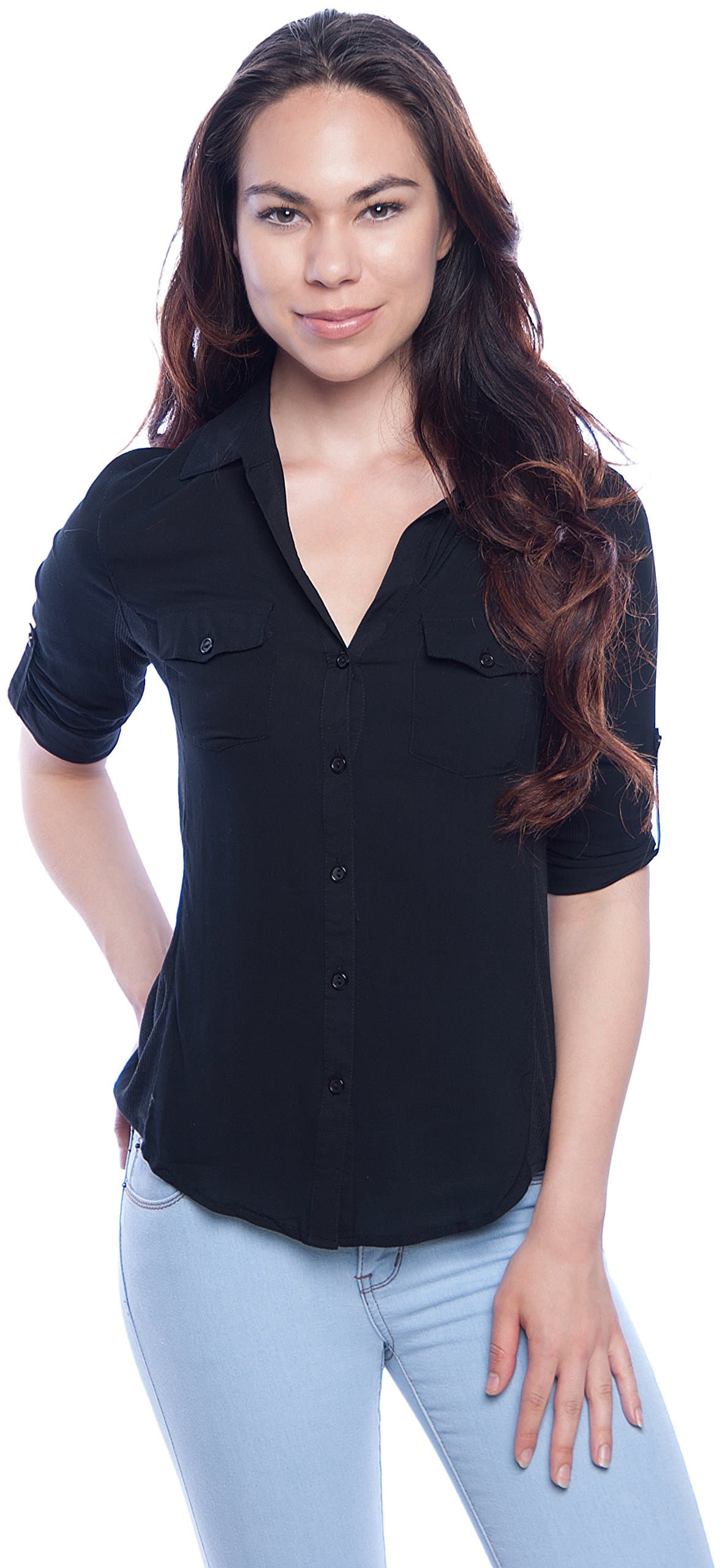 DNA Couture Basic Ribbed Waist Button Up Rayon Tops for Women Large Black