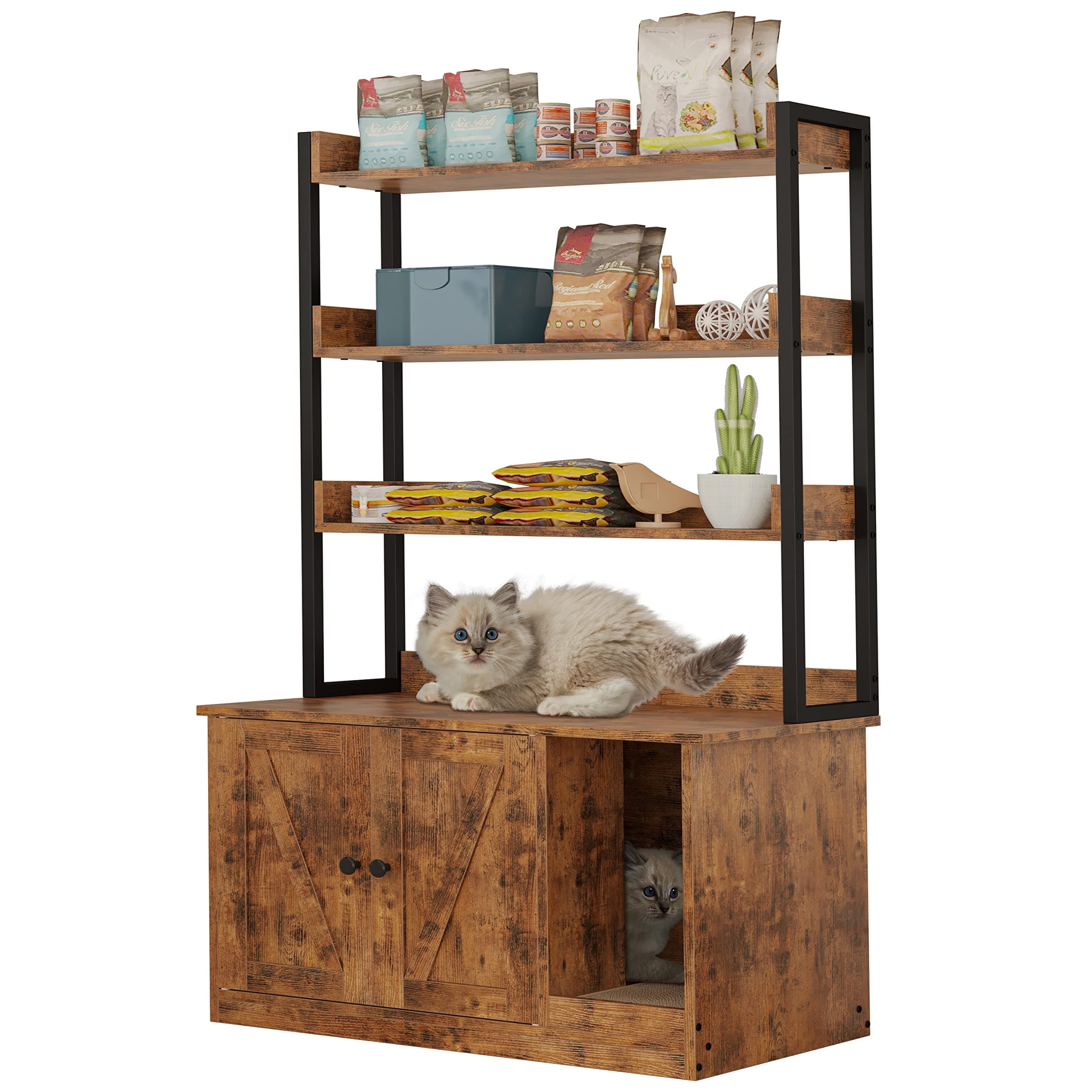 IRONCK Litter Box Enclosure with 3 Shelves and Doors, Large Wood Cat Litter Box Furniture Hidden with Storage and Scratch, Fit Most of Litter Box, Vintage Brown