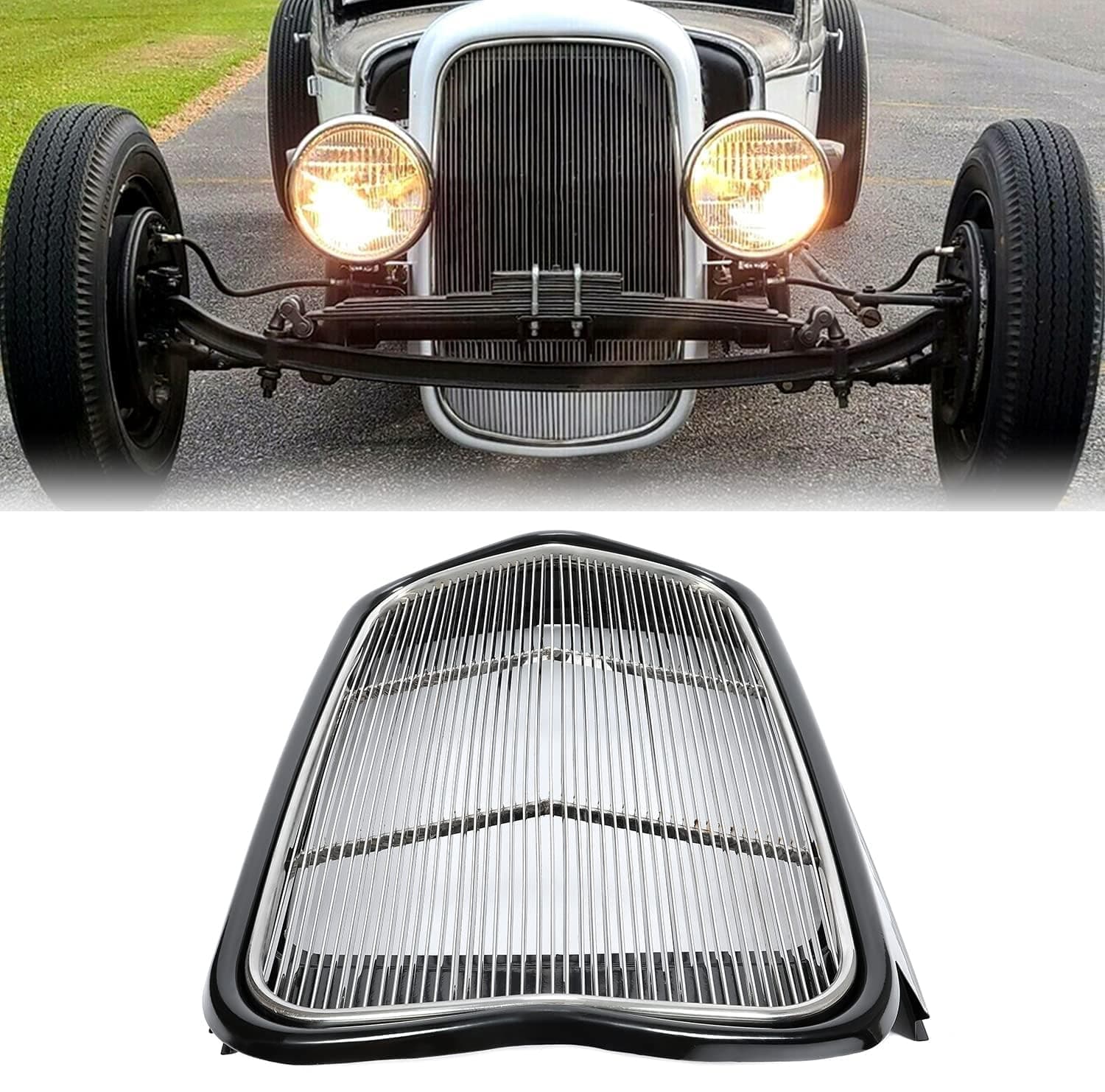 Front Grille Shell + Insert Compatible with Ford 1932 Models Model B/BB / 18 Polished Stainless Steel (Without Crank Hole)