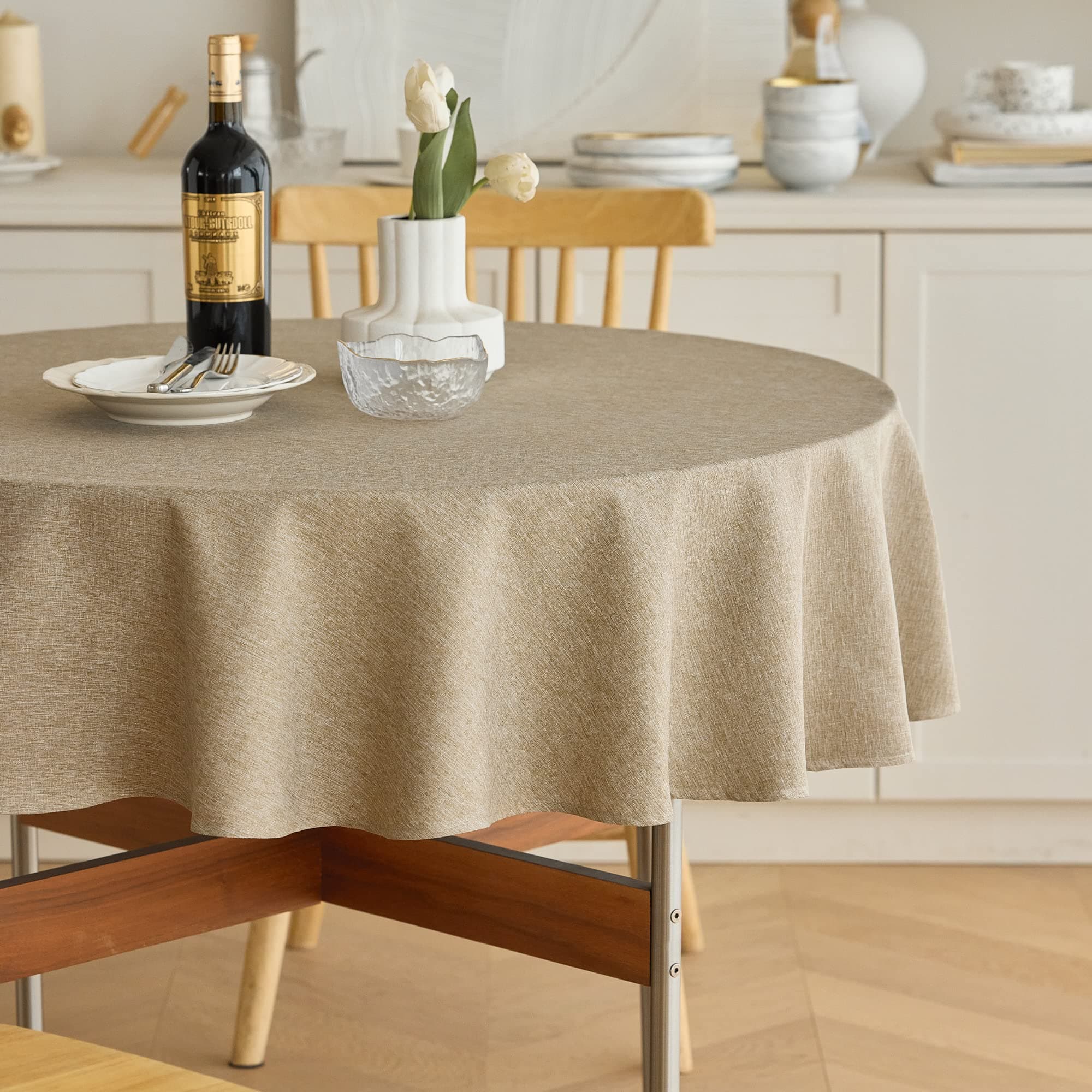 Waterproof Round Table Cloth for Round Table, Decorative Farmhouse Tablecloths Anti-Scratch Soft Table Cover for Dining Table and Kitchen Table (60 Inch, Round (2-4 Seats), Natural)