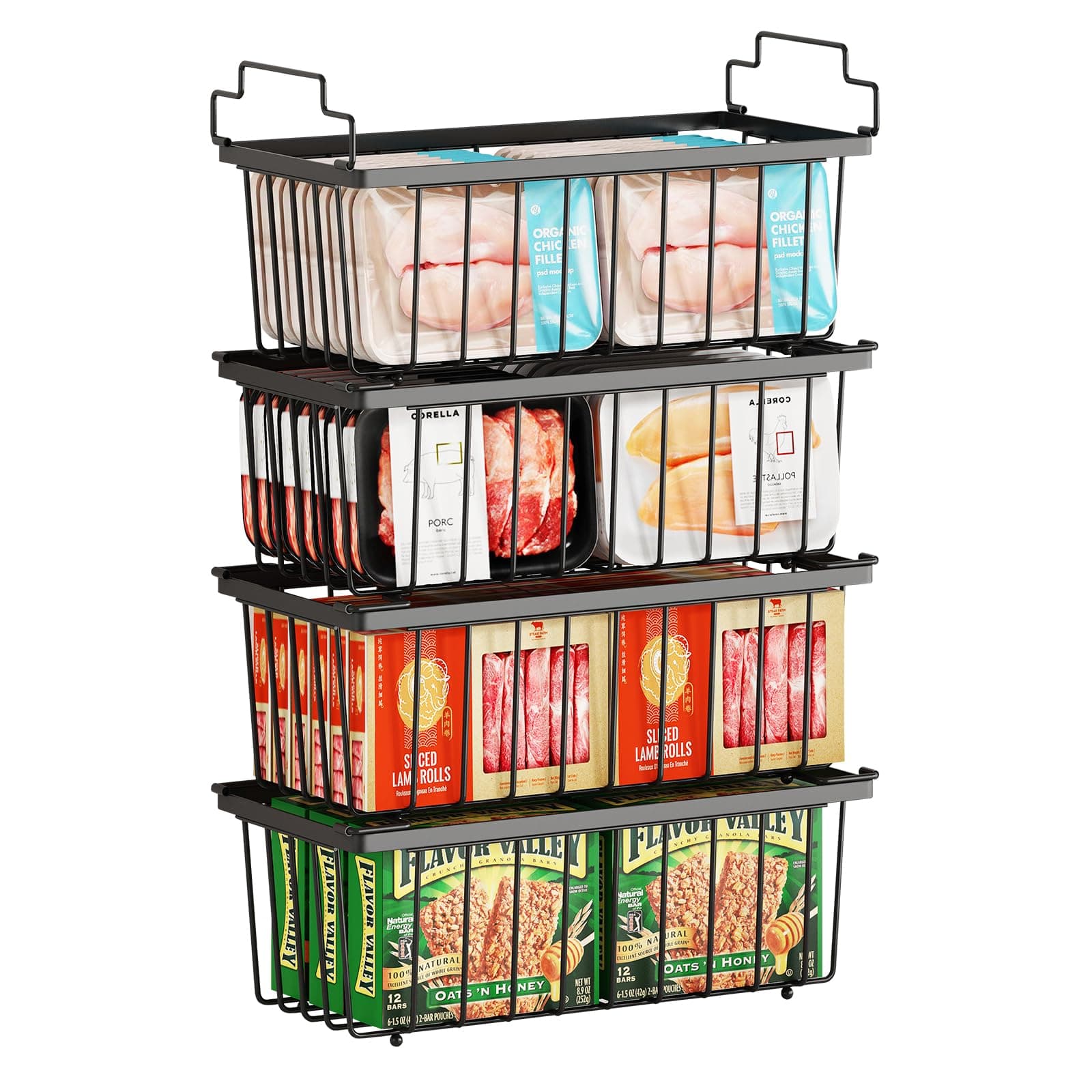 4 Pack Freezer Organizer Bins(14.6‘’L X 7.1‘’W X 5.2‘’H) Suitable for 5-7 Cu.Ft Chest Freezer Sort Frozen Meats | Stackablet Chest Freezer Organizer Bins Get Food Easily w/Handle, Gifts Ideas for Mom