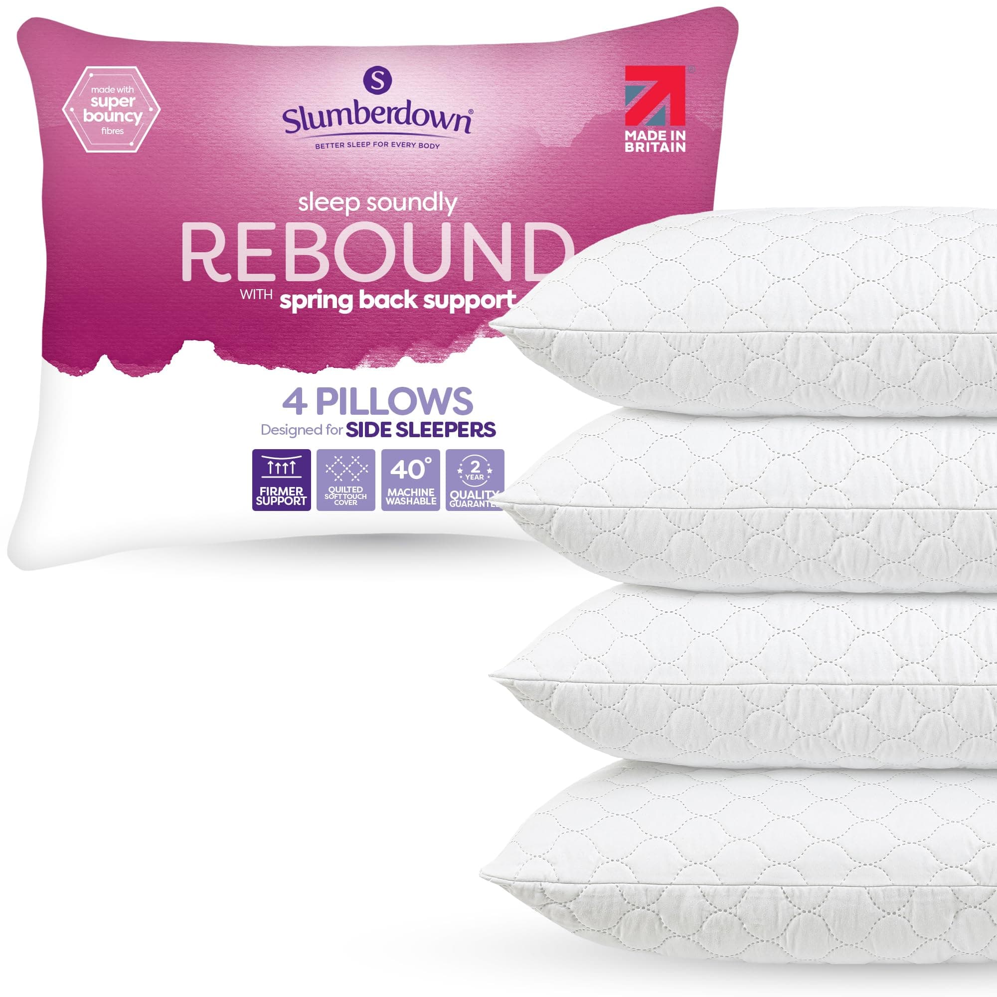 Hotel Quality Pillows 4 Pack - Bouncy Firm Support Side Sleeper Bed Pillow for Neck, Back and Shoulder Pain Relief - Comfortable, Soft Touch Quilted Cover, Hypoallergenic (48cm x 74cm)