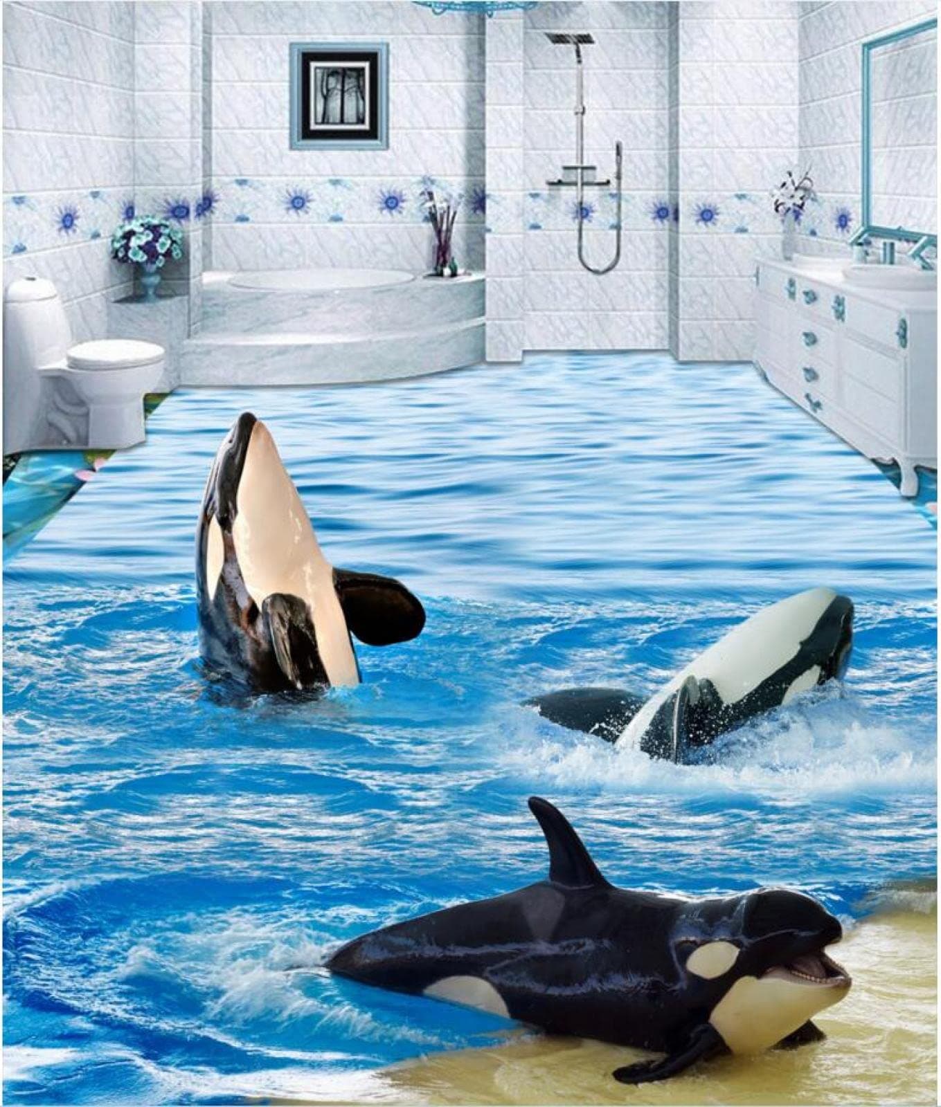 Wall Mural Wallpaper 47 x 32 inch (Width x Height) Custom Photo 3D PVC Flooring self Adhesion The Waves of The Dolphins Decoration Painting 3D Wall murals Wallpaper for Walls 3D