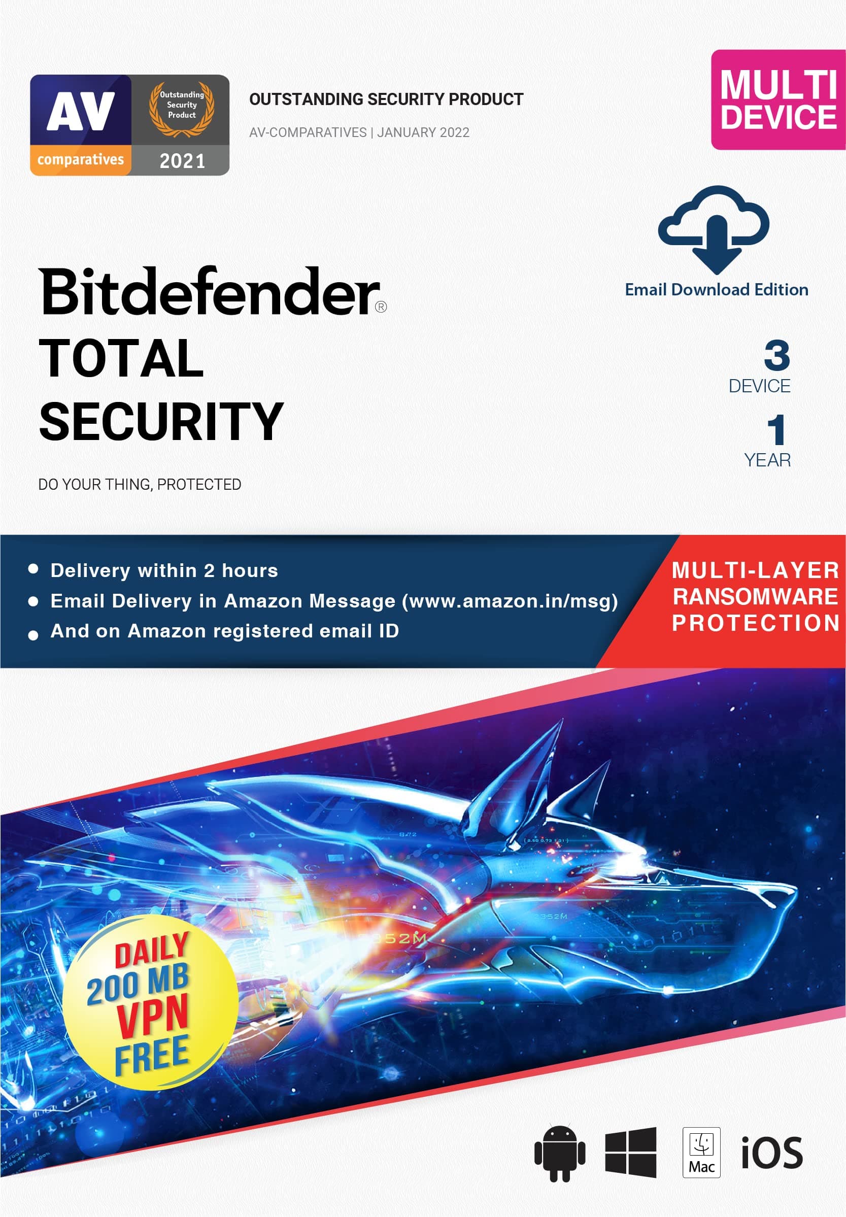 Bitdefender - 3 Devices,1 Year - Total Security | Windows| Mac| Android|iOS | Latest Version | (Single Activation Code) Email Delivery in 2 Hours- No CD |