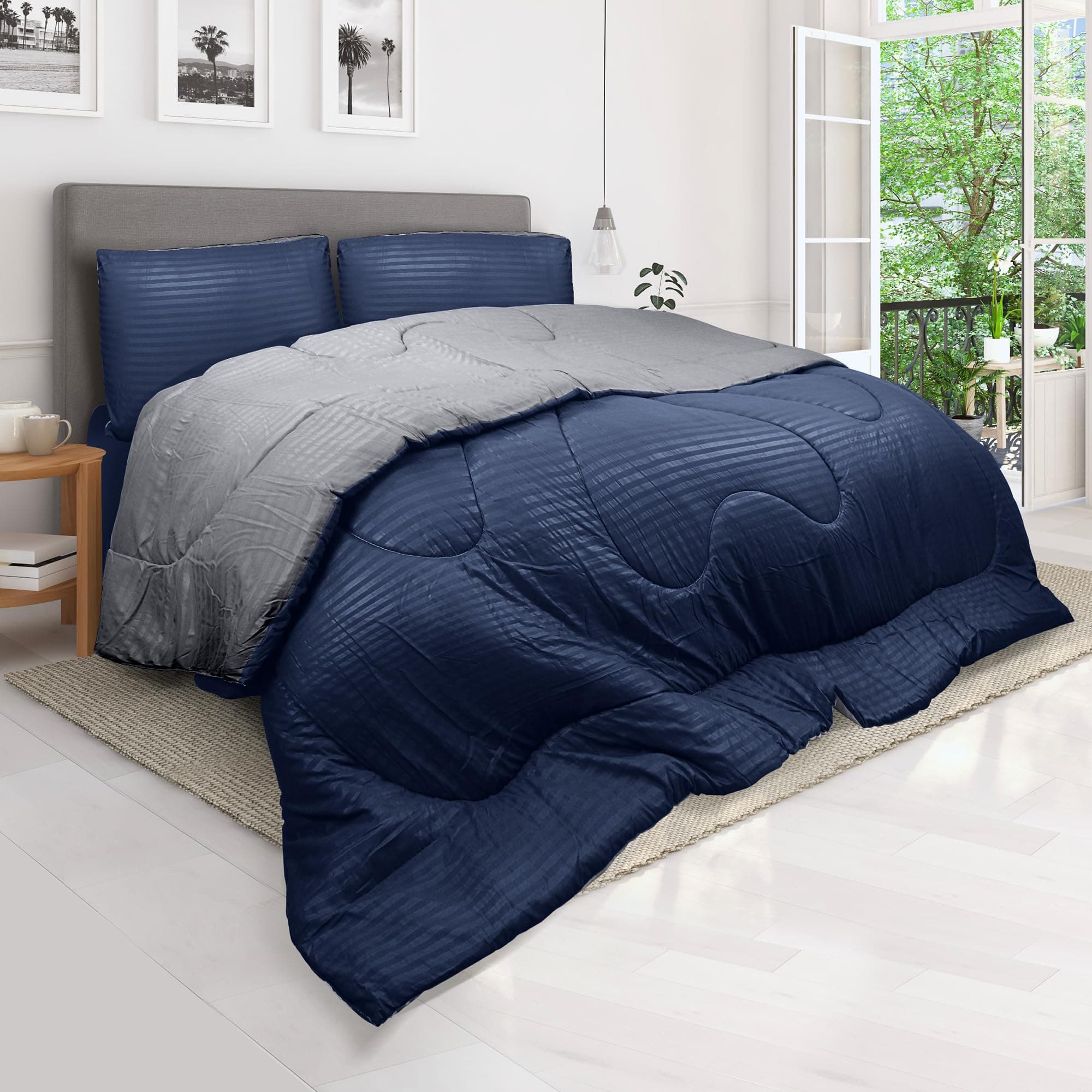 Hotel Linen Klub Reversible Down Alternative Comforter Set -Ultra Soft Brushed Stripe Microfiber Fabric, 200GSM Soft Fibersheet Filling, Size : King 240 x 260cm, Color: Navy Blue & Dark Grey