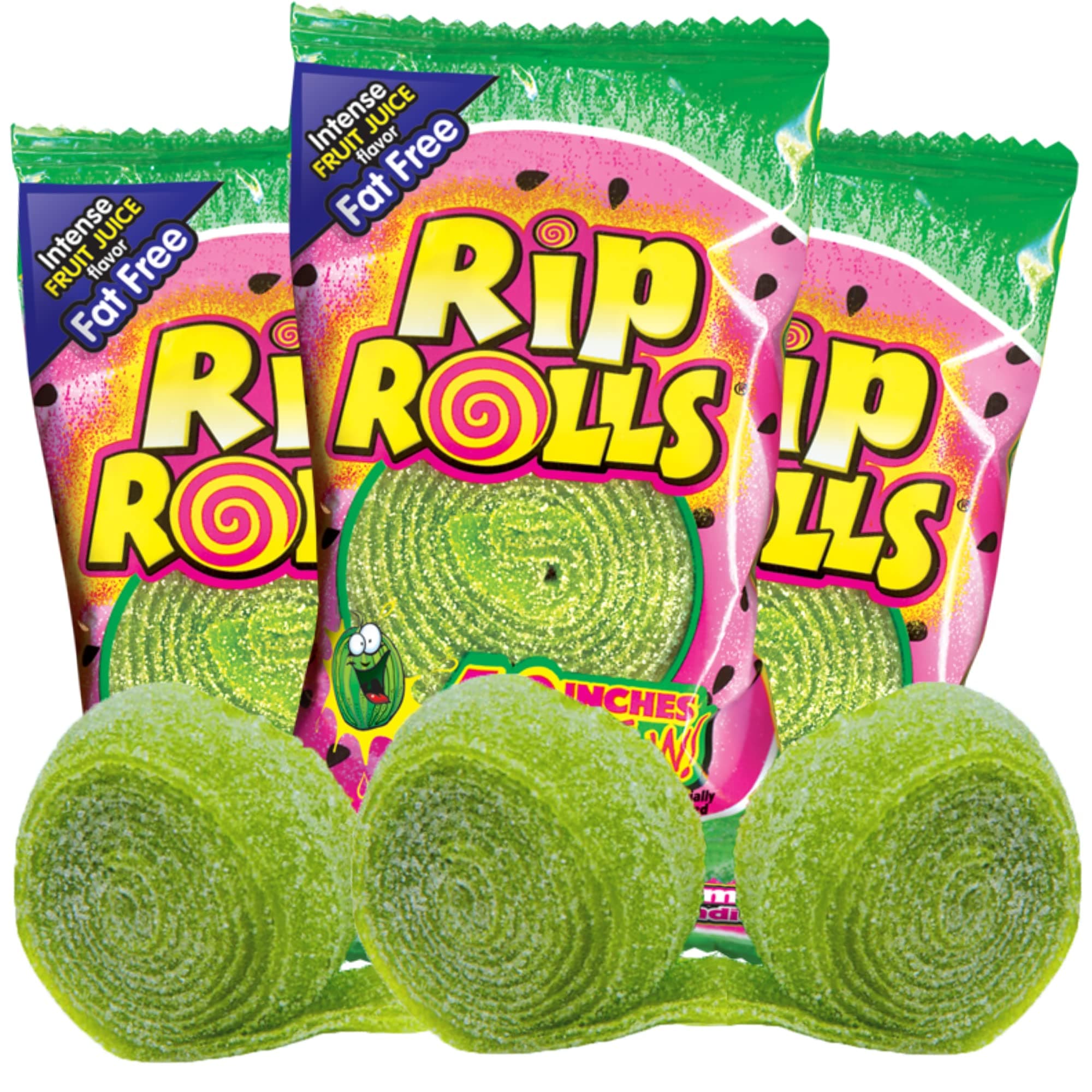 Needzo Rip Rolls Sour Candy Rolls, Watermelon Fruit Flavor Fat Free Licorice Belt Candies, Individually Wrapped Shareable Snacks for Boys or Girls, Pack of 3