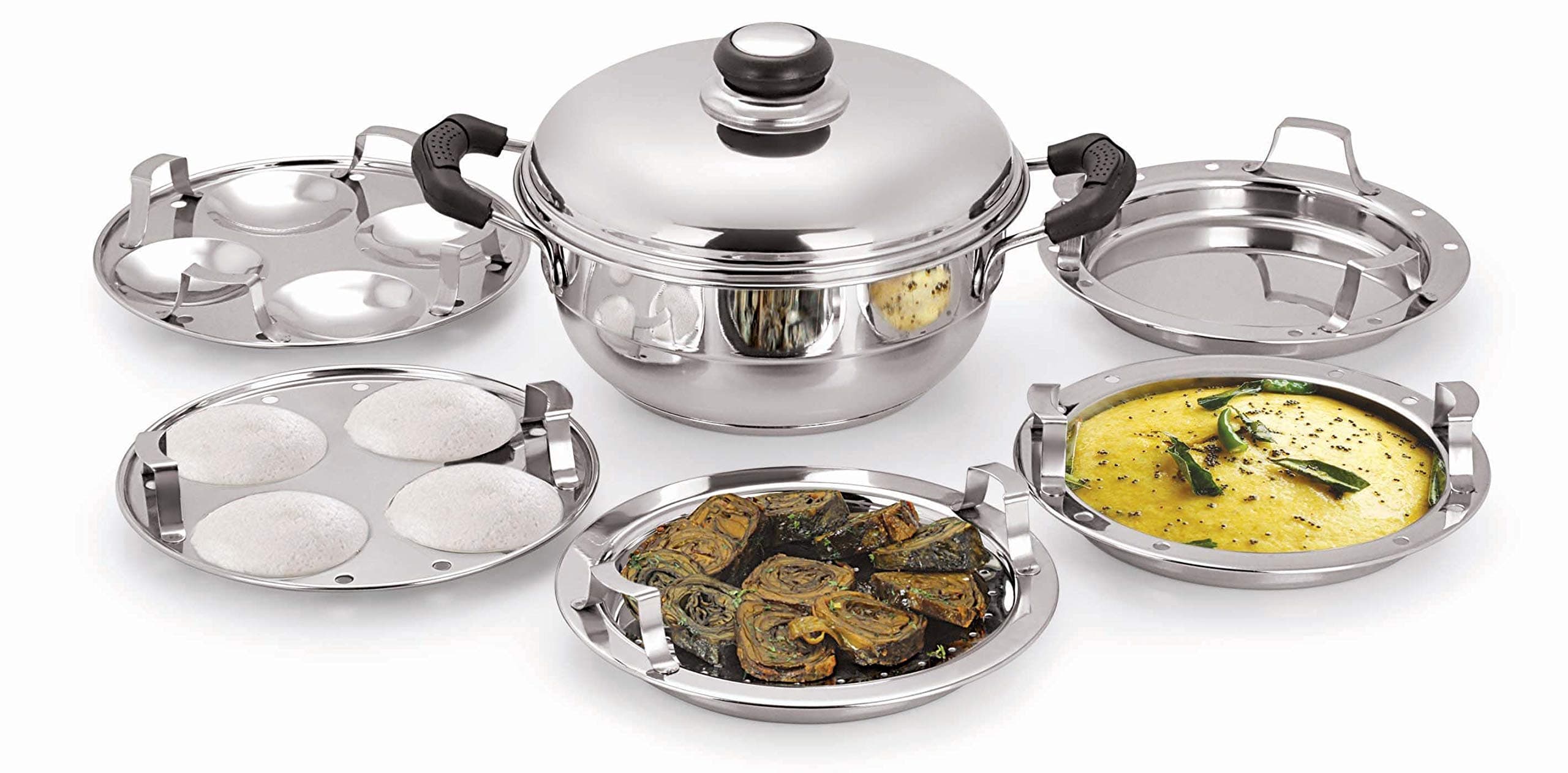 Pristine Stainless Steel Tri Ply Induction Base Multi Purpose Kadai (20cm) with Steel Lid and 2 Idli Plates, 2 Dhokla Plates, 1 Patra Plate, Pack, Silver