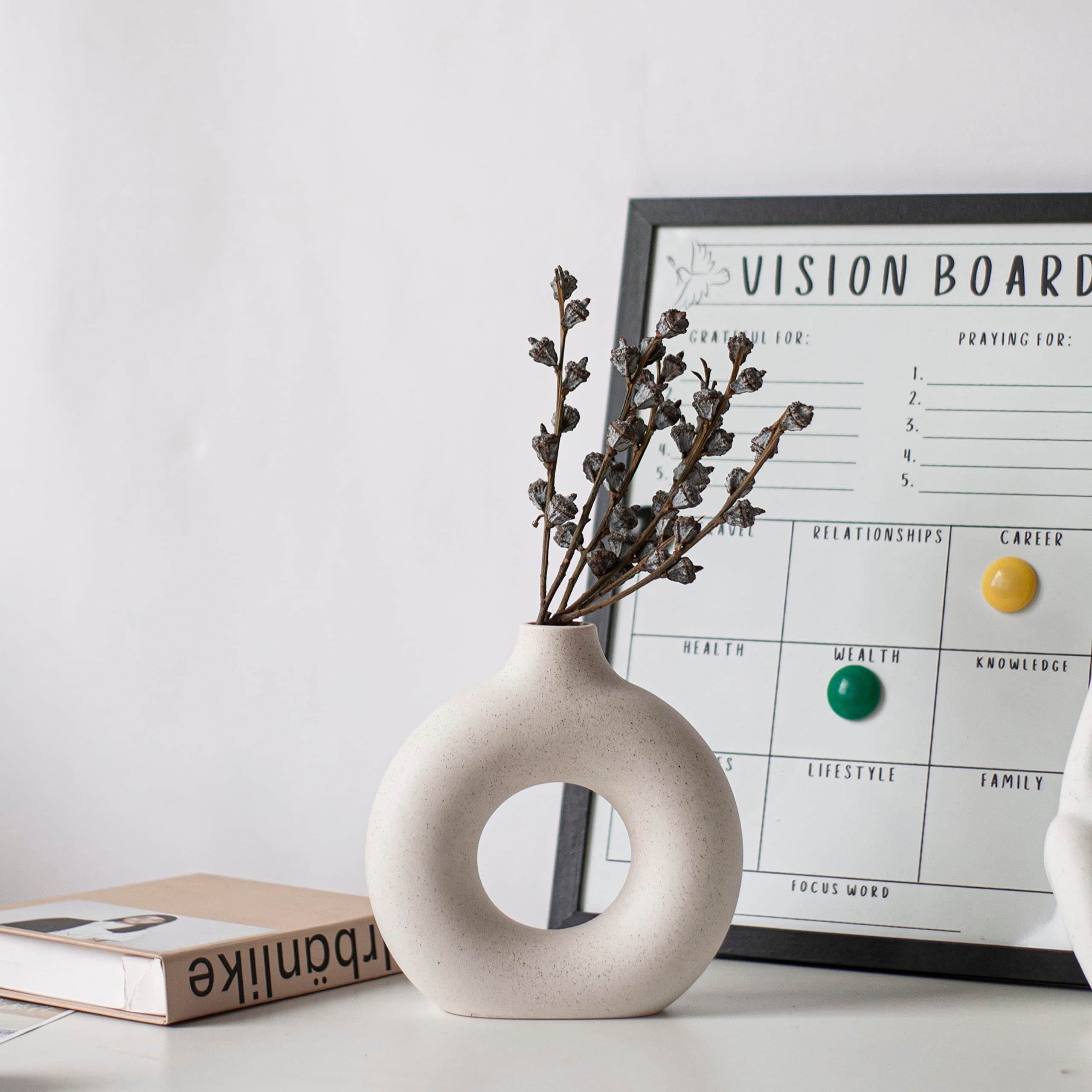 Ceramic Donut Vase, Creative Pampas Modern Home Decor, White Round Rustic Frosted for Living Room, Mantle, Dining Table (M)