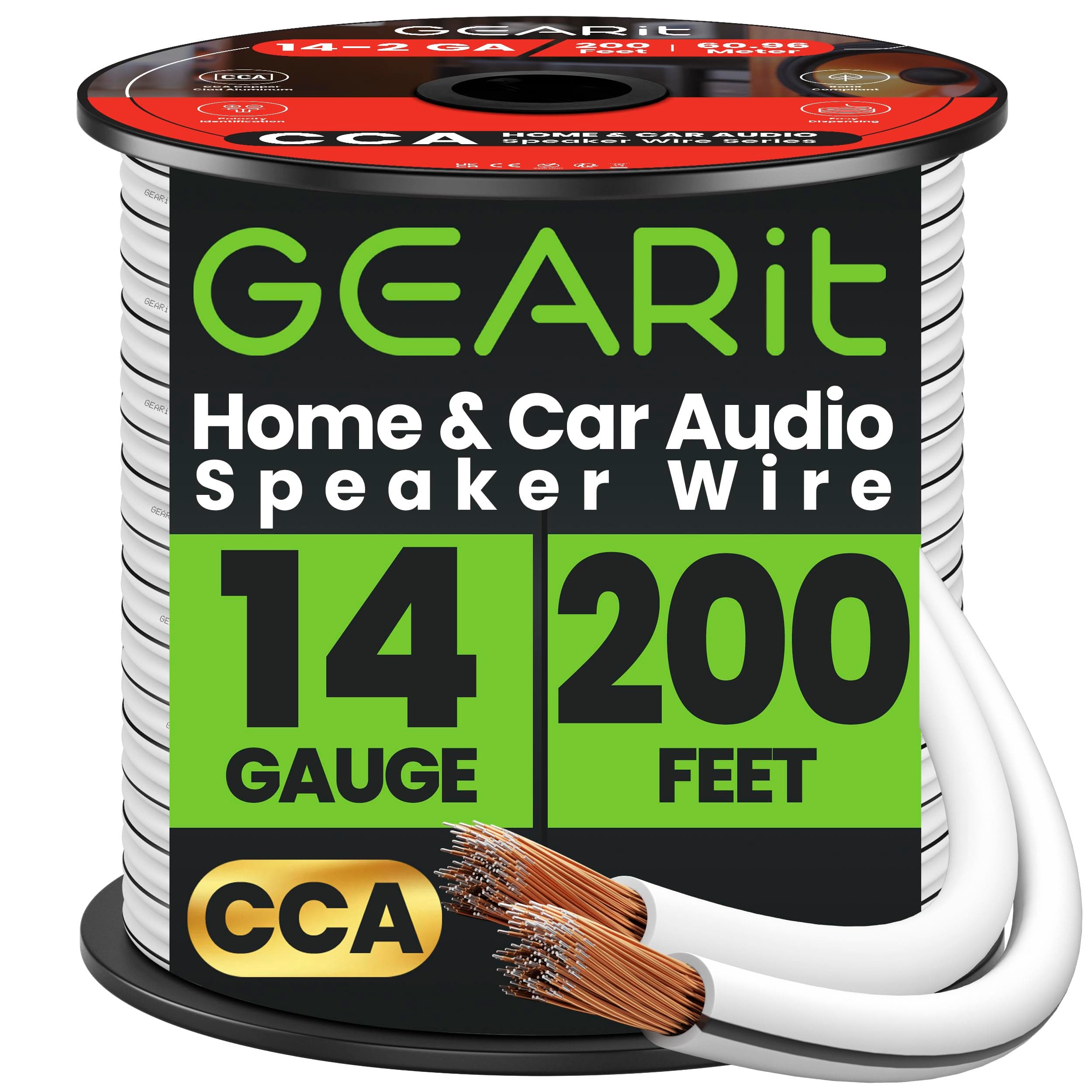 GearIT Speaker Wire Audio Cable CCA 2x2.5mm≤ (60.96 Meters - White) Copper Clad Aluminum - Great for Hi-Fi Home Theater and Car Speakers - 14 Gauge AWG, 200 Feet
