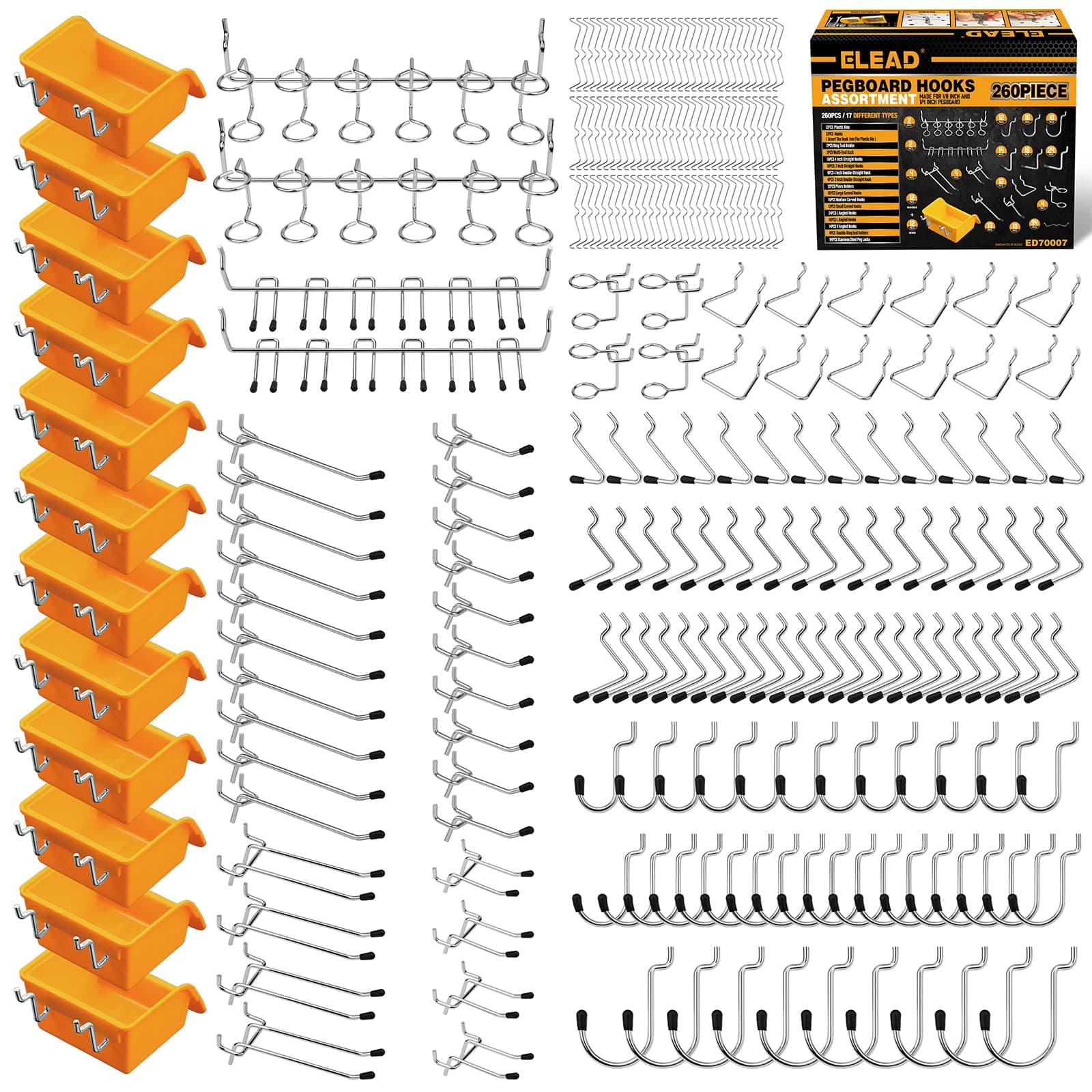 ELEAD 260 Piece Pegboard Hooks 1/8 and 1/4 inch Peg Board Organizer Accessories with Pegboard Bins for Organizing Various Tools in The Garage, Workshop & Craft Room