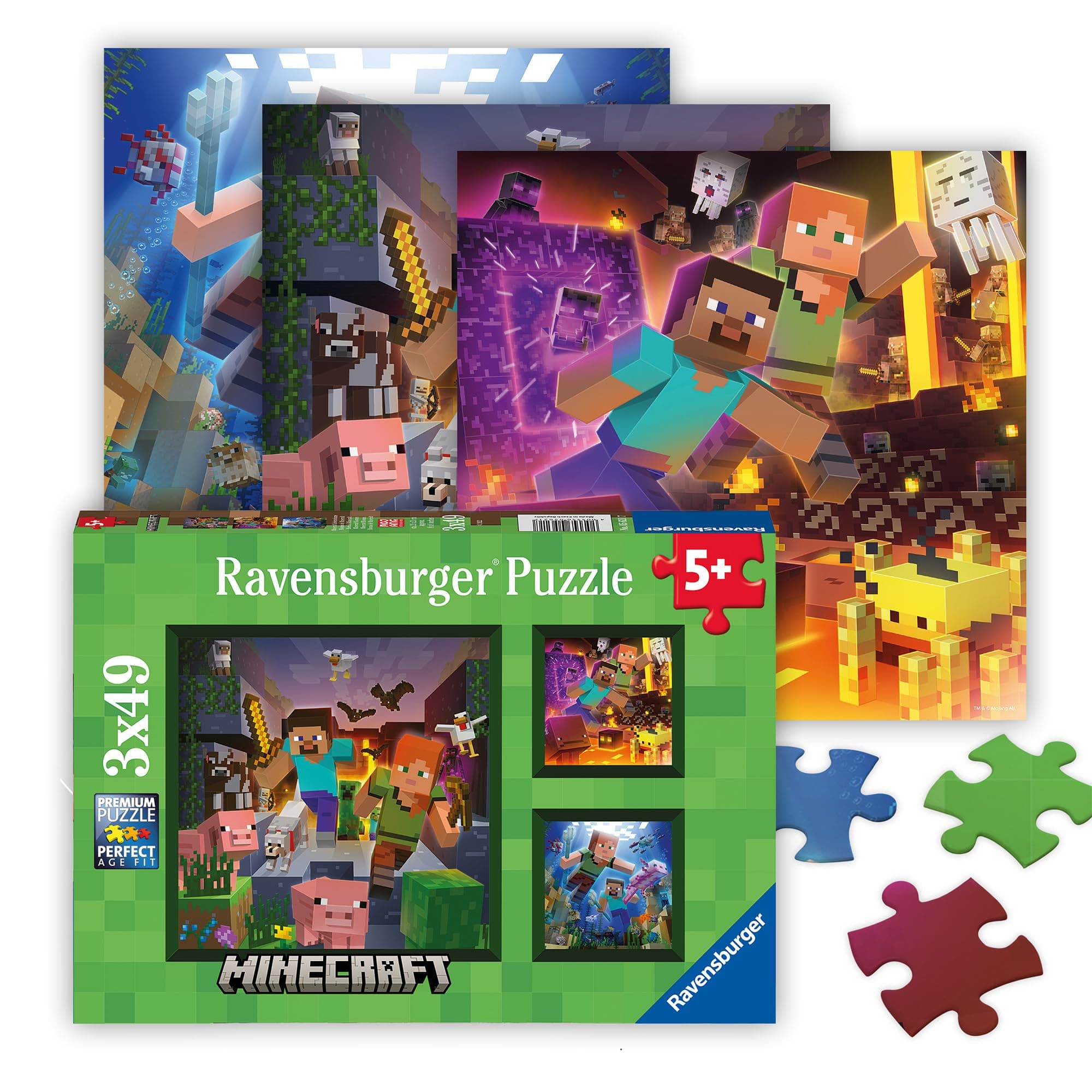Ravensburger - Minecraft Biomes - 49 Piece Jigsaw Puzzle 3-Pack Set - Pixelated Forests, Oceans & More - Bright, Stunning Imagery - Premium Quality - Ideal Gift - Screen-Free Fun - Children Age 5+