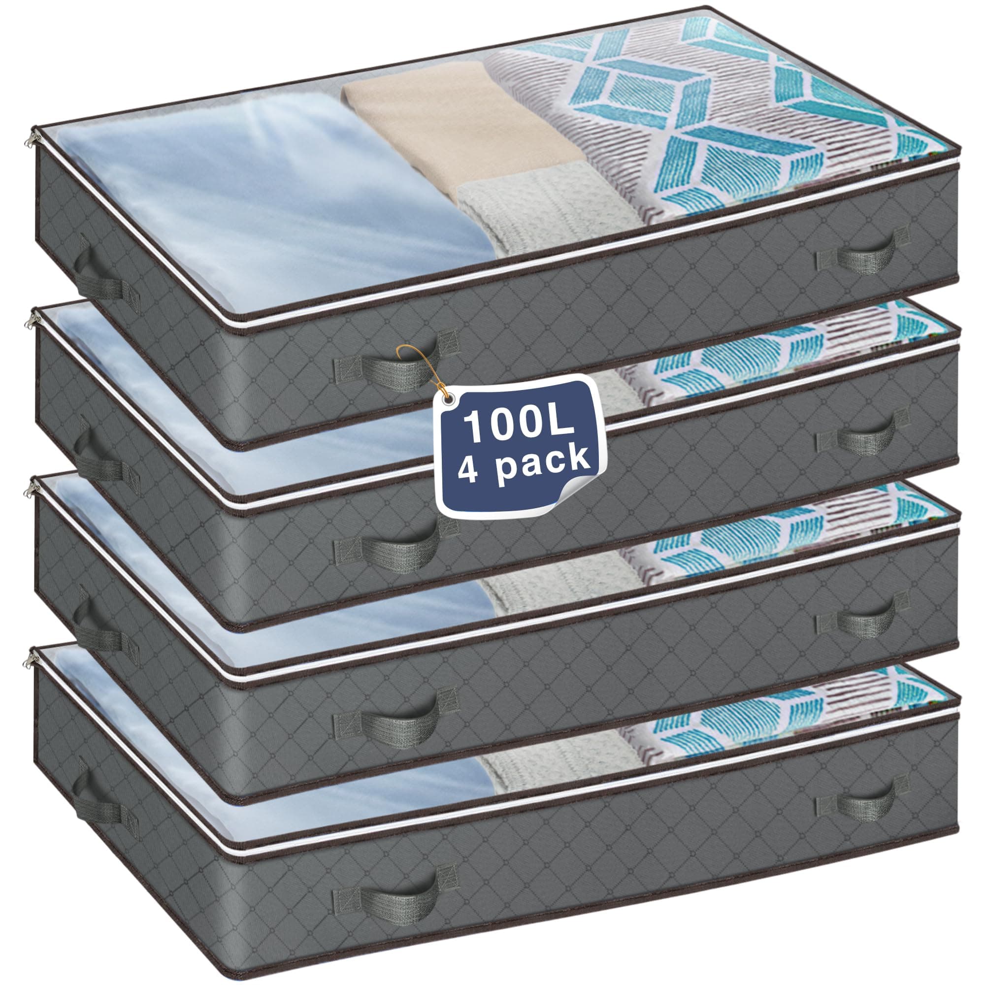MIXC 4 Packs Underbed Storages, 100L Large Under Bed Storage Box with Lid, Storage Boxes with Lids, Storage Bags with Zip for Clothes, Comforters, Blankets, and Bedding