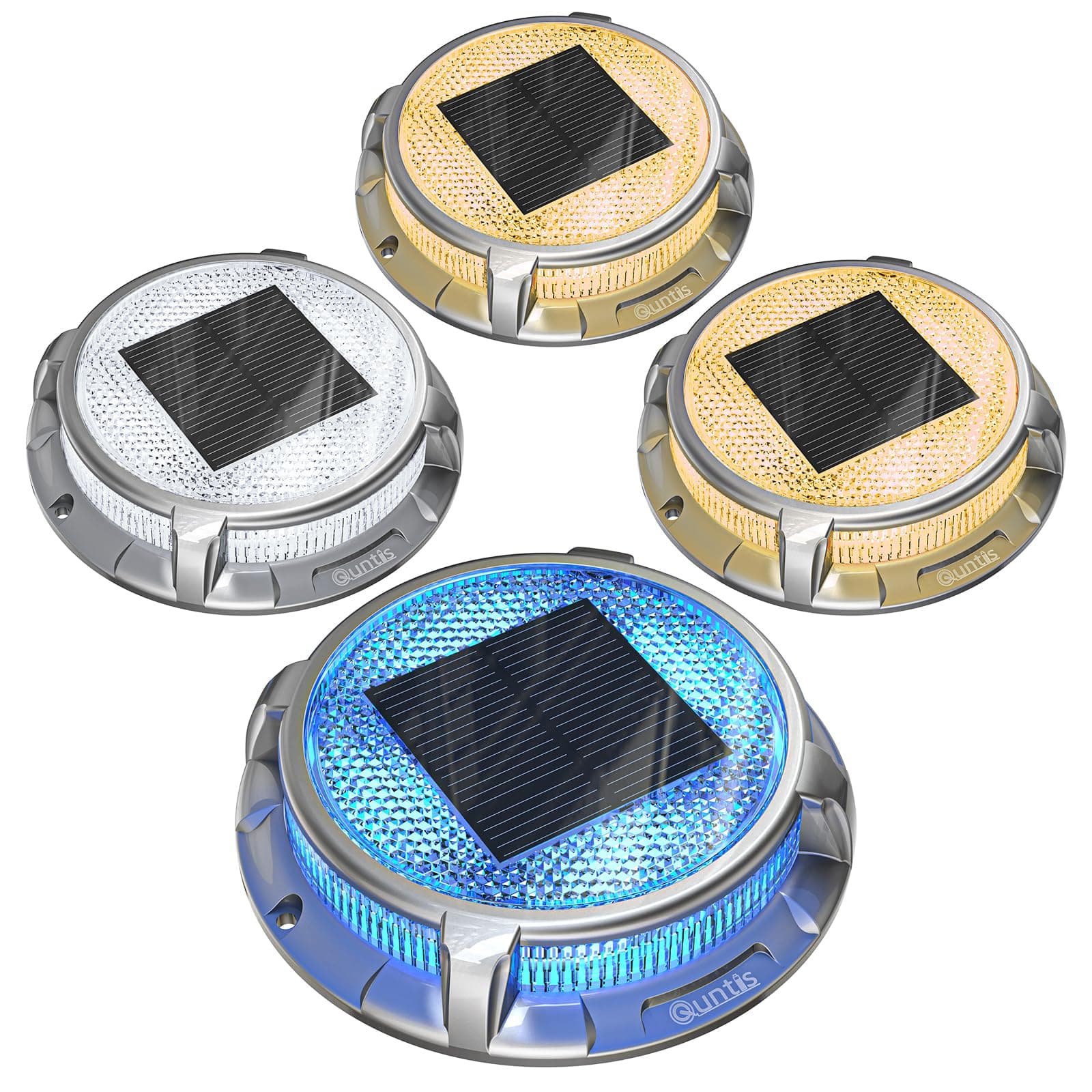 Quntis Decking Lights Outdoor 4 Pack, 3 Colors Solar Ground Lights IP68 Waterproof Solar Outdoor Garden Lights, Decking Solar Lights for Pathway Ground Step Stairs Patio Path Pool Yard