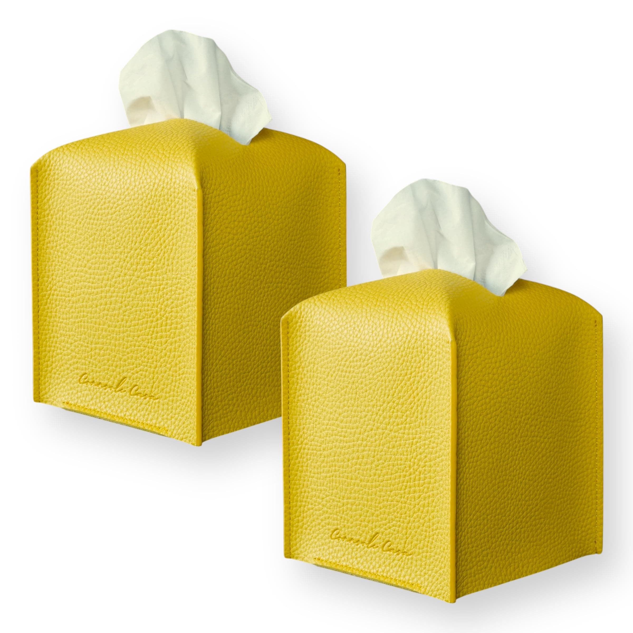 Premium PU Leather Tissue Box Holder - Elegant Hotel-Style Tissue Box Cover for Home, Office & Car Décor, Tissues Cube Organizer for a Natural & Classic Look (Yellow 2 Pack)