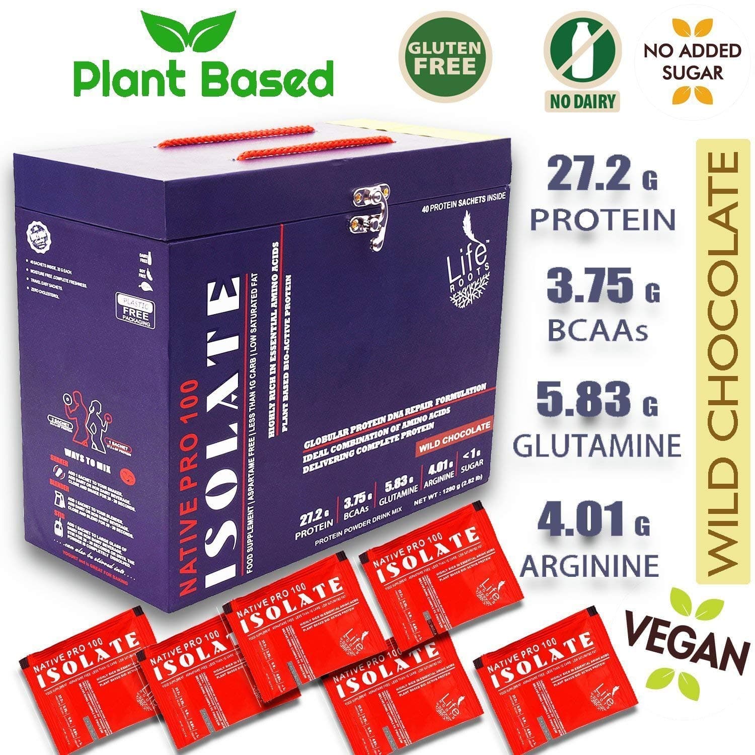 Life Roots Native ISOLATE PRO 100 Sport Plant-based Nutrition Protein Powder, Wild Chocolate (40 Sachets,1280g/2.82lb)