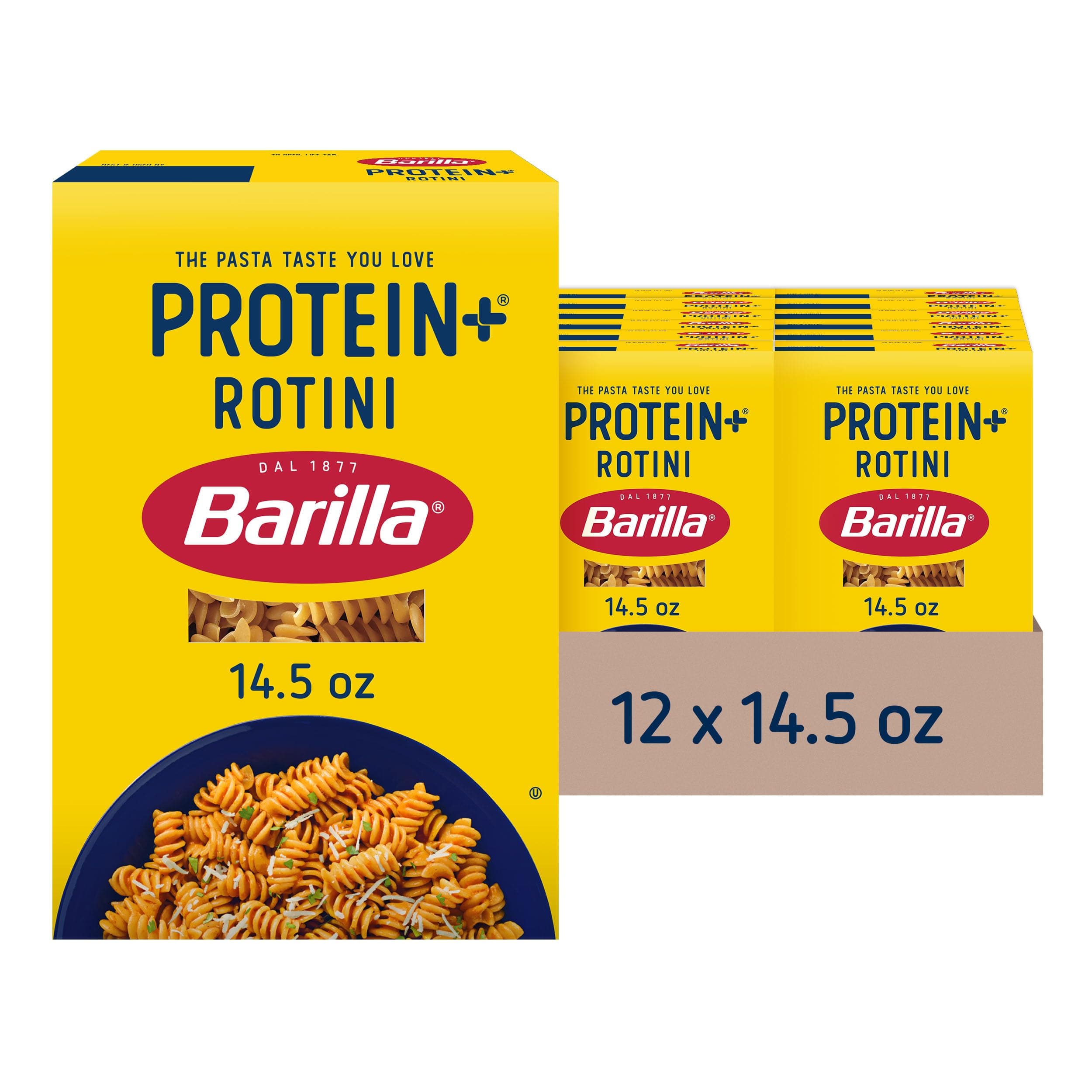Barilla Protein+ (Plus) Rotini Pasta, 14.5 Ounce (Pack of 12) - plant based - Made from Lentils, Chickpeas & Peas - Non-GMO, Kosher Certified