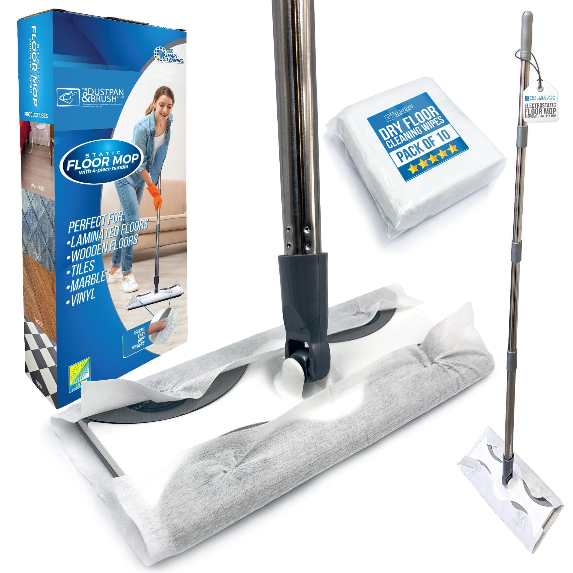 – Static Floor Wipes Mop, Flat Mop with Disposable Floor Wipes for Quick and All-Purpose Cleaning, Mops for Laminate, Tiled, Wooden, or Vinyl − Dust Kit with 10 Dry Wipes