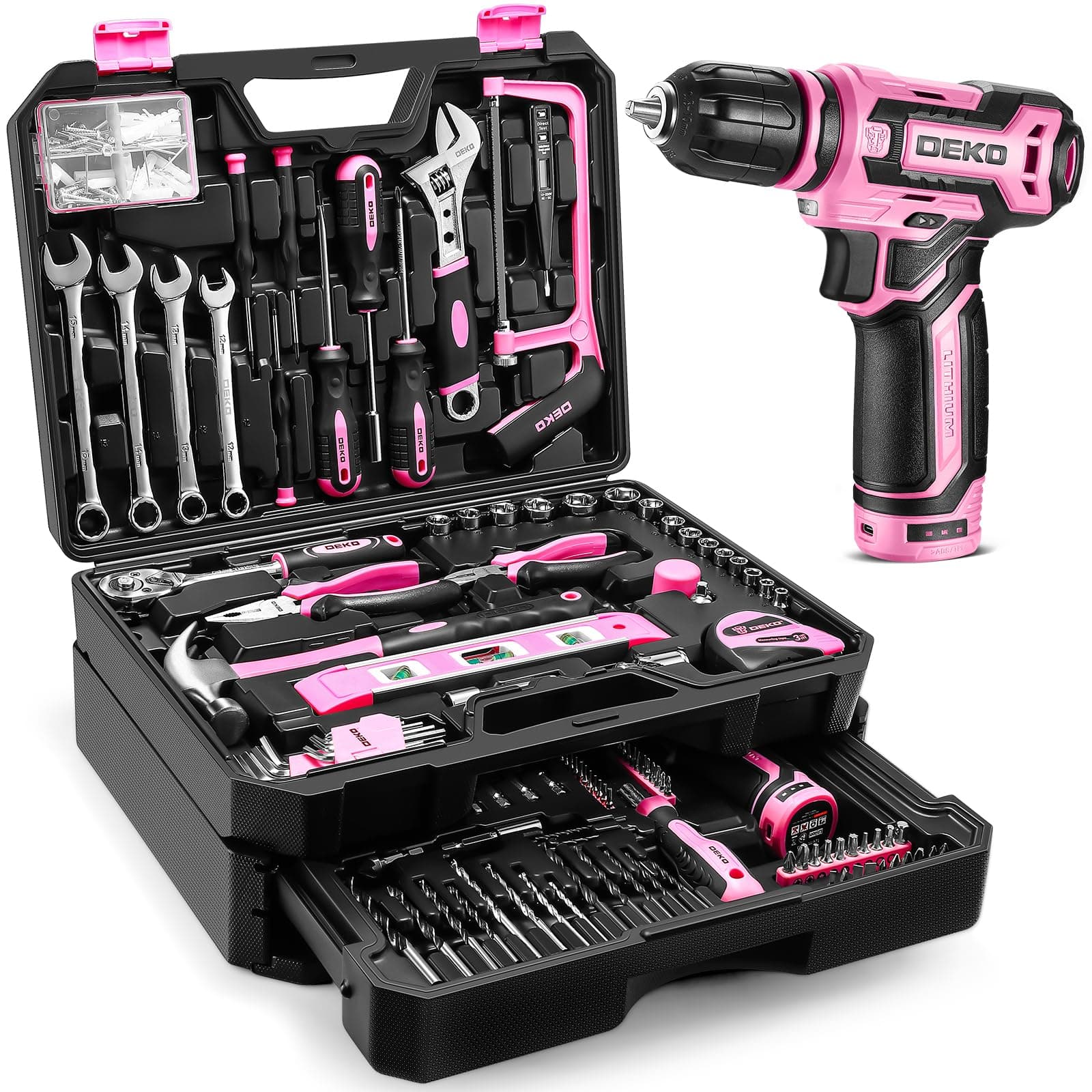 Pink Tool Kit Box Drill Set:DEKO Home Mechanic Toolbox with 12V Power Cordless Drill Hand Repair Tools Sets Combo Kits Storage Organizer Drawer Case for Women