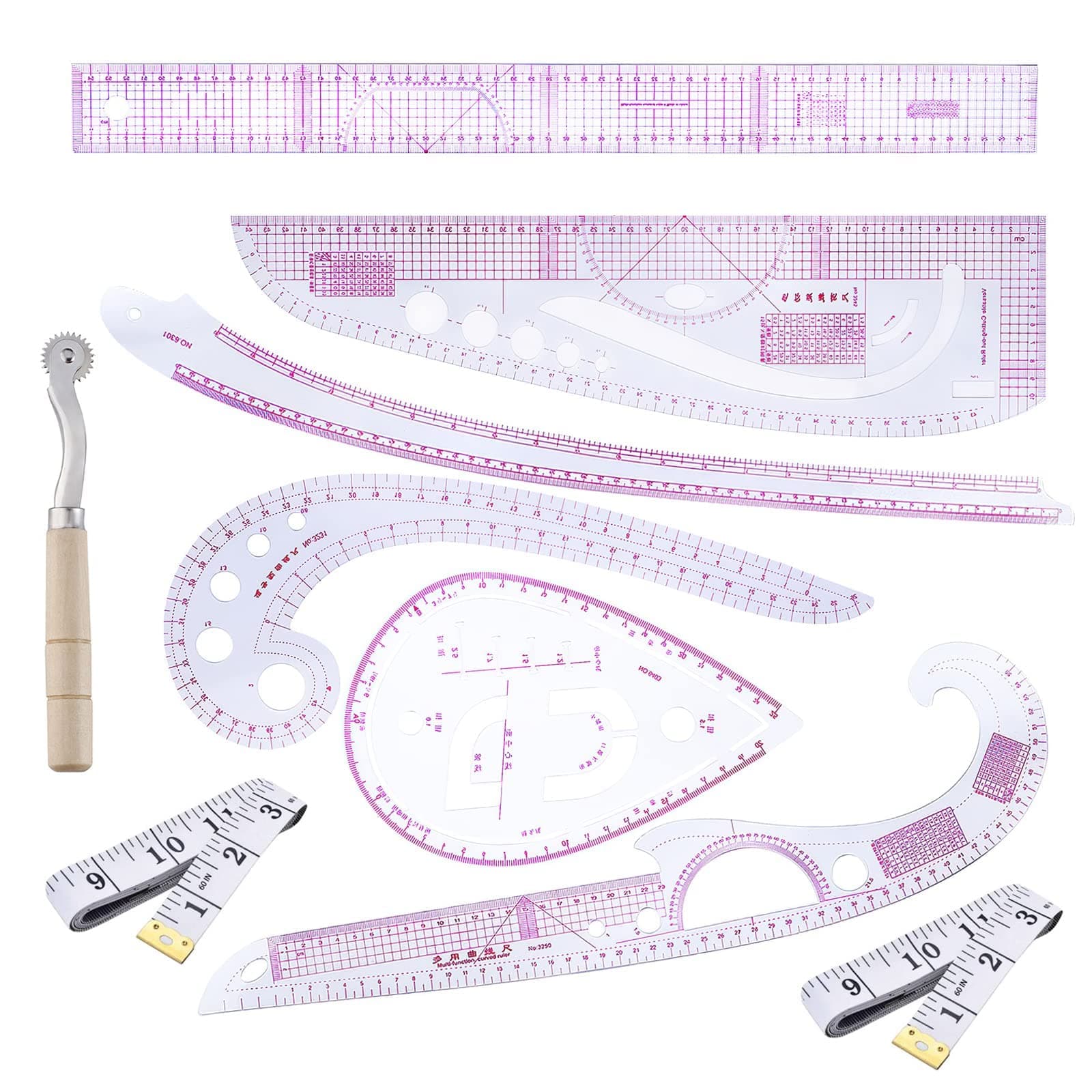PERCEA Sewing Ruler Tailor Set, 8 Styling Sewing Rulers and Curves Pattern Making Ruler Plastic Grading Ruler Soft Waist Ruler Sewing Cutting Ruler for Dressmaking Fashion Design, In Total 9pcs