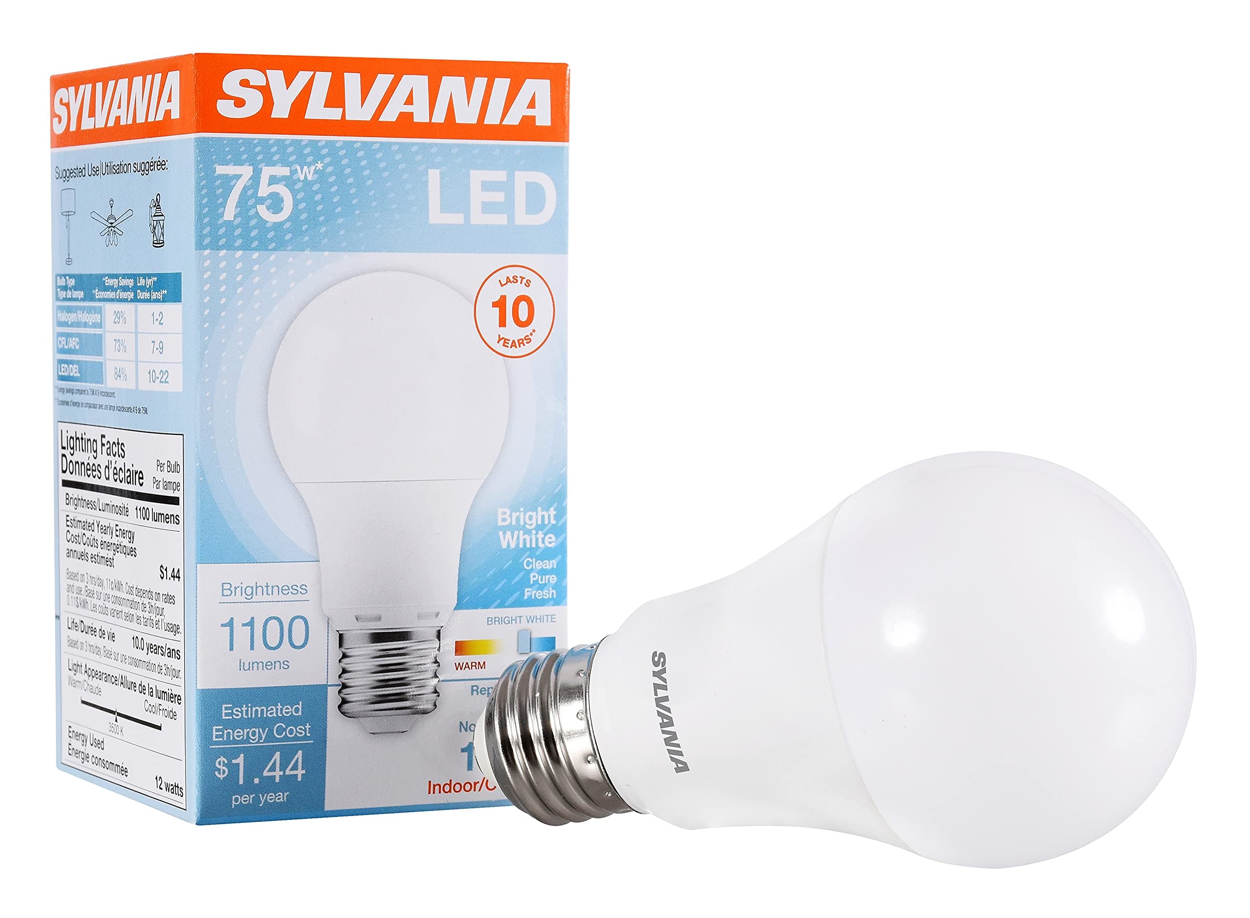 Sylvania LED Light Bulb, 75W Equivalent A19, Efficient 12W, Medium Base, Frosted Finish, 1100 Lumens, Bright White - 1 Pack (78096)