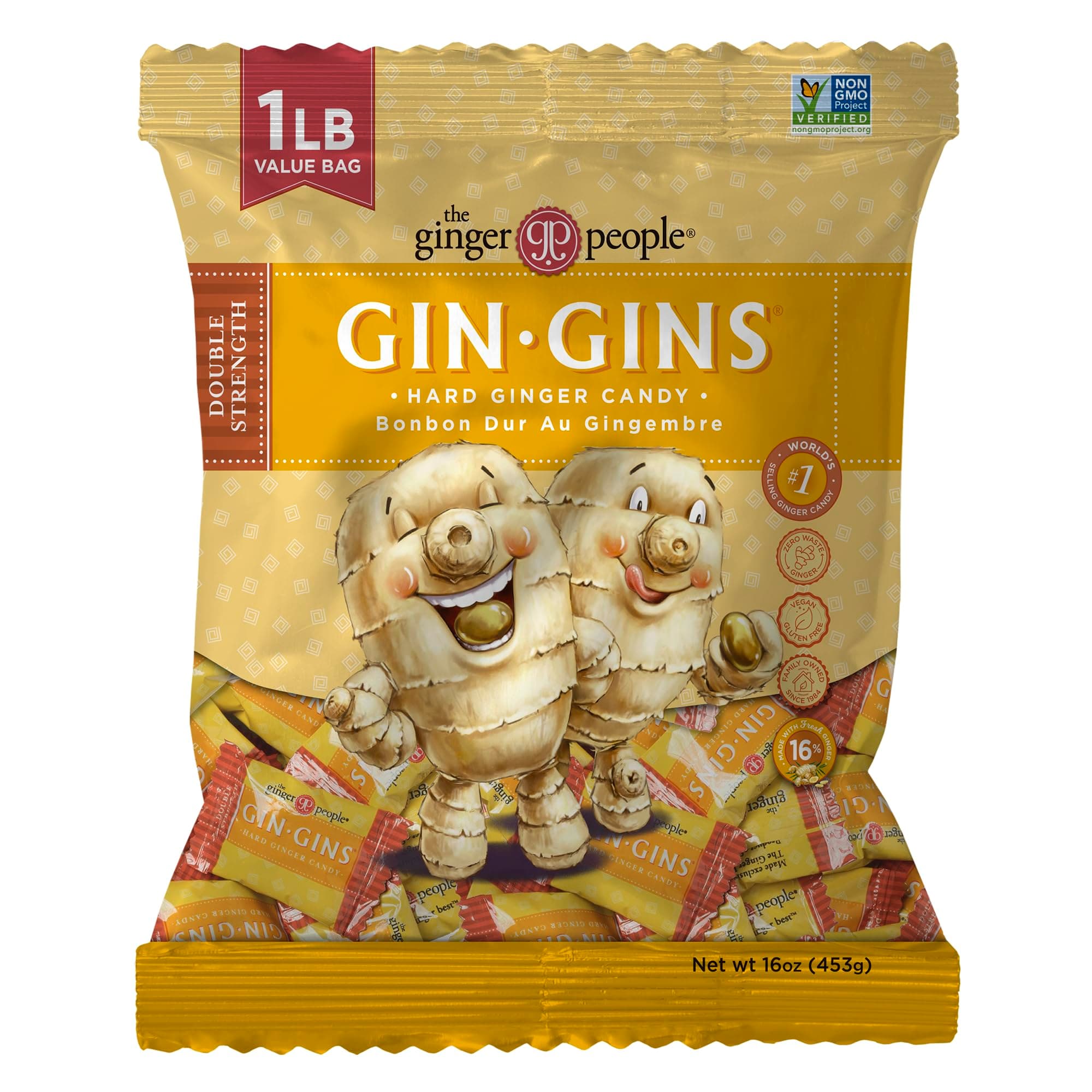 GIN GINS Double Strength Ginger Hard Candy – Natural Ginger Candy by The Ginger People – Individually Wrapped Healthy Candy – Double Strength Flavor – Large 1 lb Bag (16oz) – Pack of 1