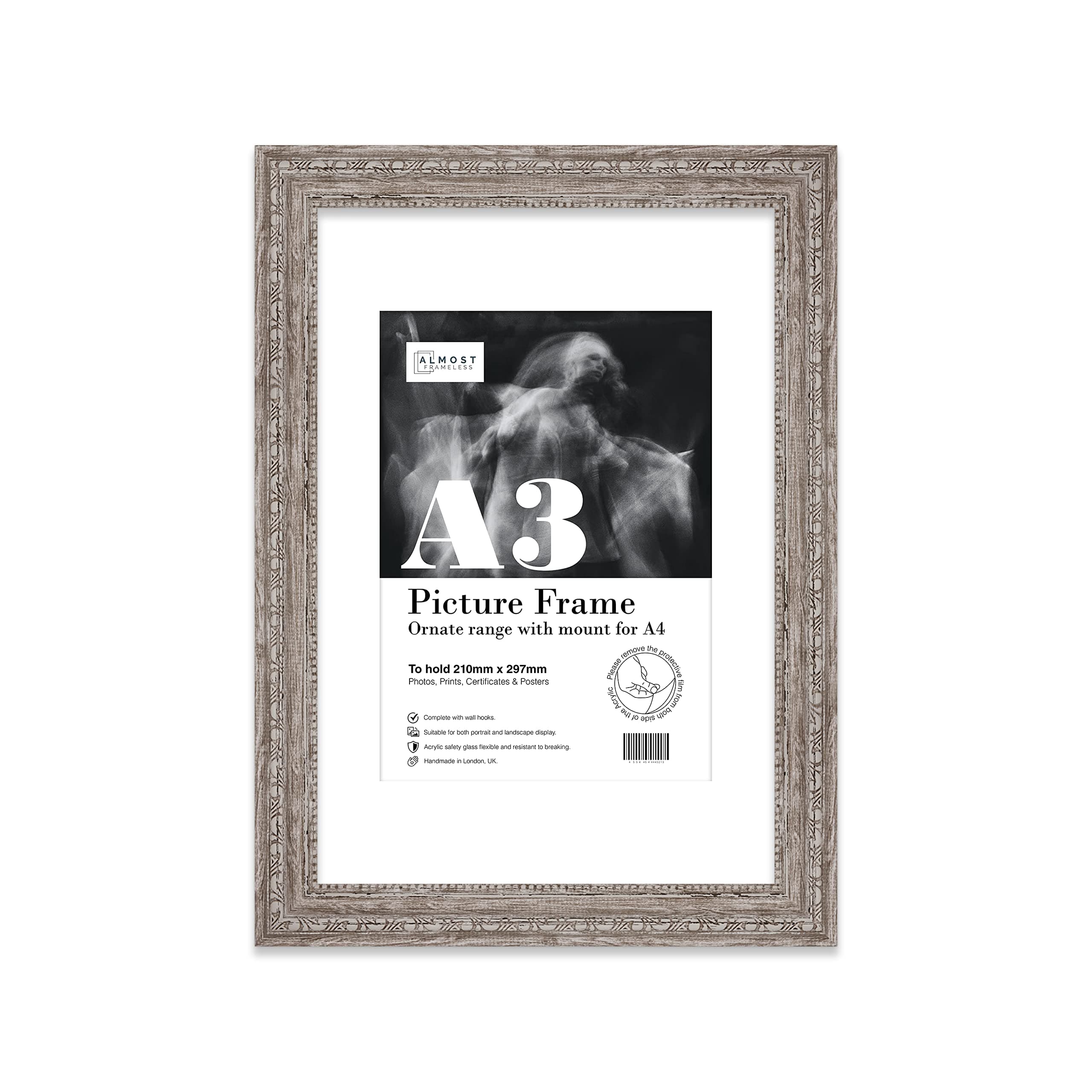 A3 Walnut Ornate Picture Frame With White Mount for A4 (21 x 29.7cm -8.3 x 11.7in) Poster, Photo, Artwork, or Print. Opulent Style Portrait and Landscape Display with Wall Hooks