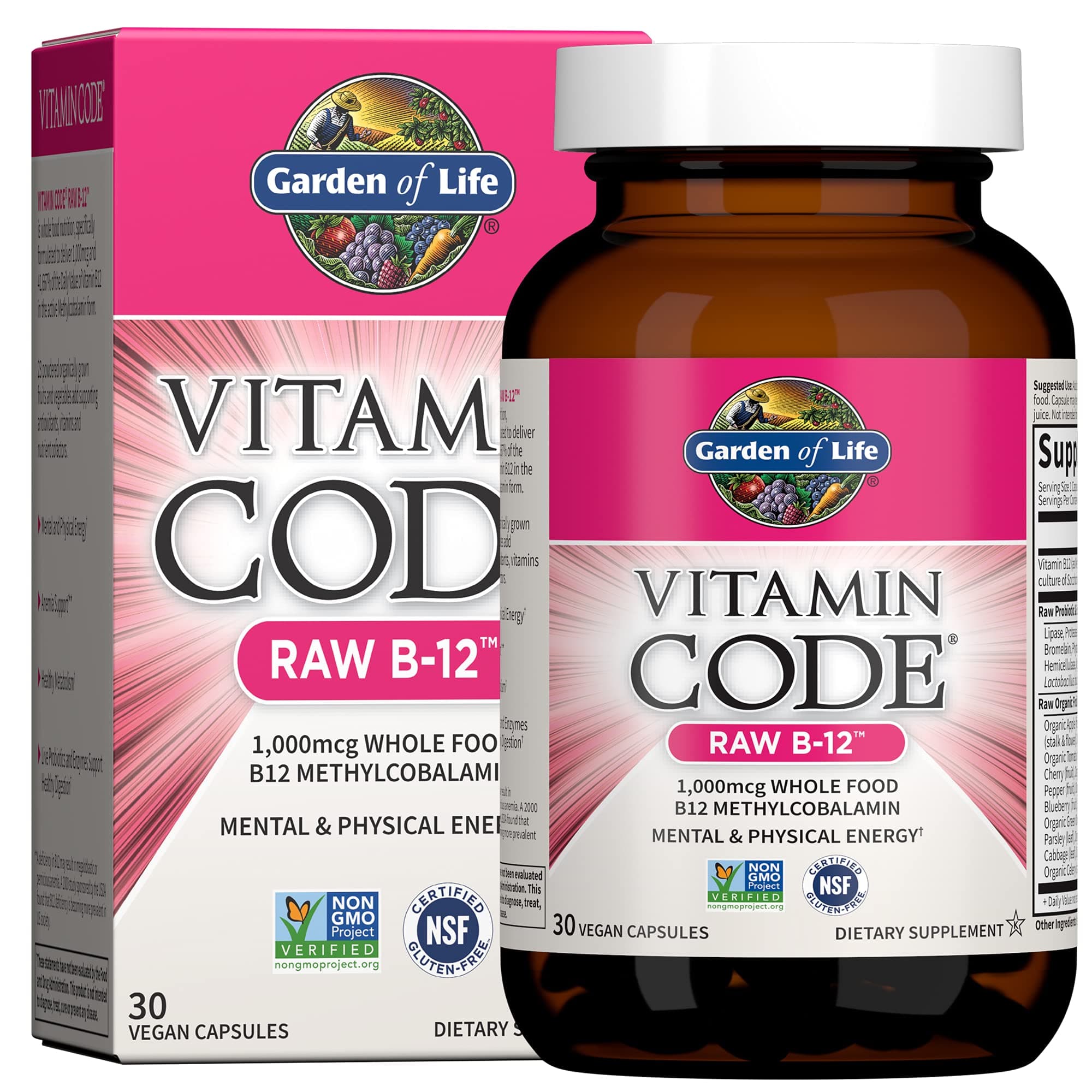 B12 - Vitamin Code Raw B-12-30 Capsules, 1,000mcg Whole Food B12 Methylcobalamin for Energy, Vegan Methylcobalamin B12 Vitamin plus Probiotics and Enzymes, Gluten Free Supplements