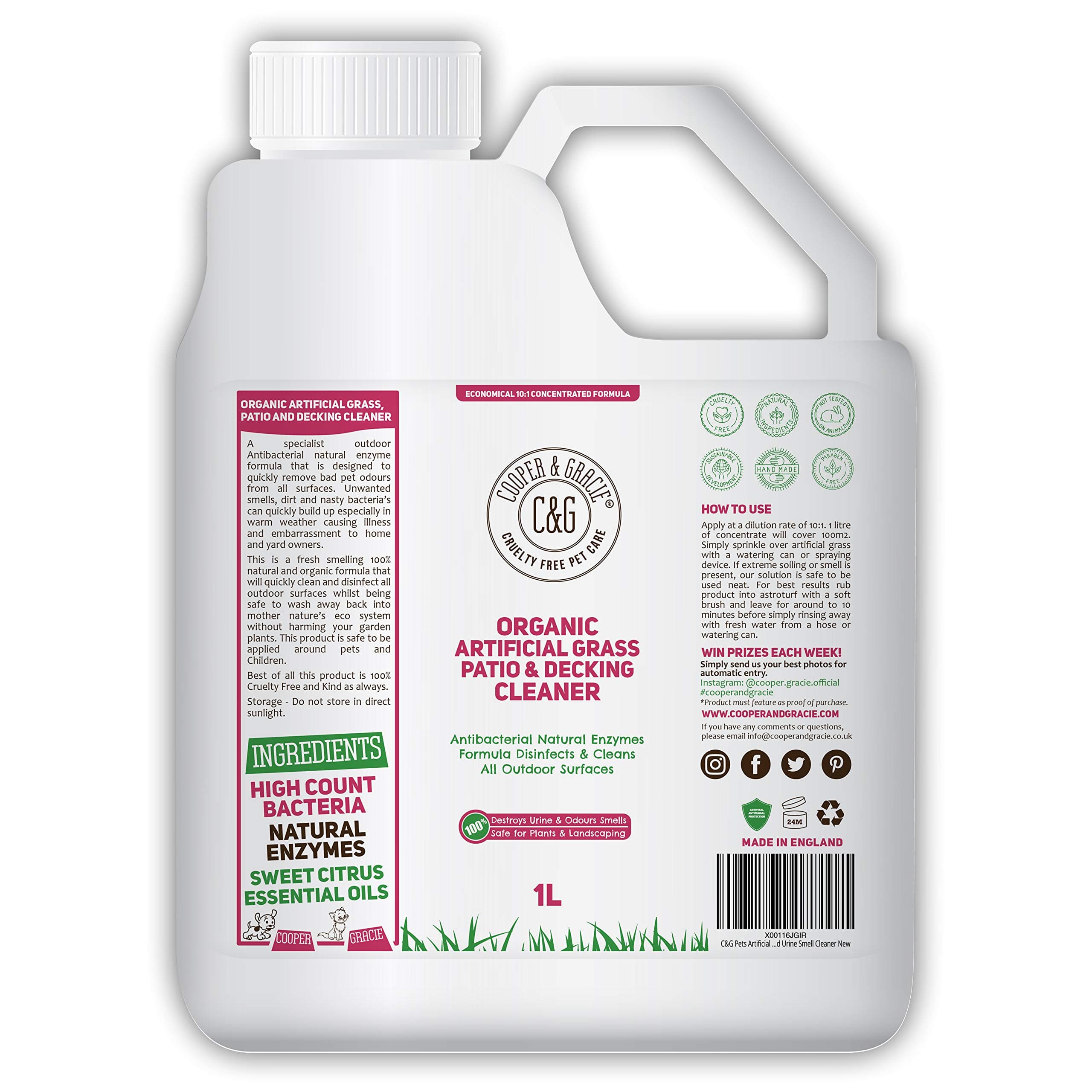 C&G Pets Organic Artificial Grass, Patio And Decking Cleaner | Destroys Pet Cat Dog Urine Smells | Antibacterial Natural Enzymes Disinfectant Will Totally Destroy Outdoor Urine Stains 1 Litre