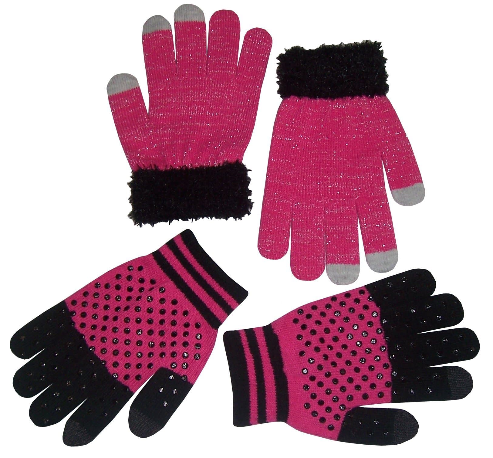 N'Ice Caps Girls Magic Stretch 2 Pair Pack Novelty Gloves (4-14yrs, fuchsia/black/silver)