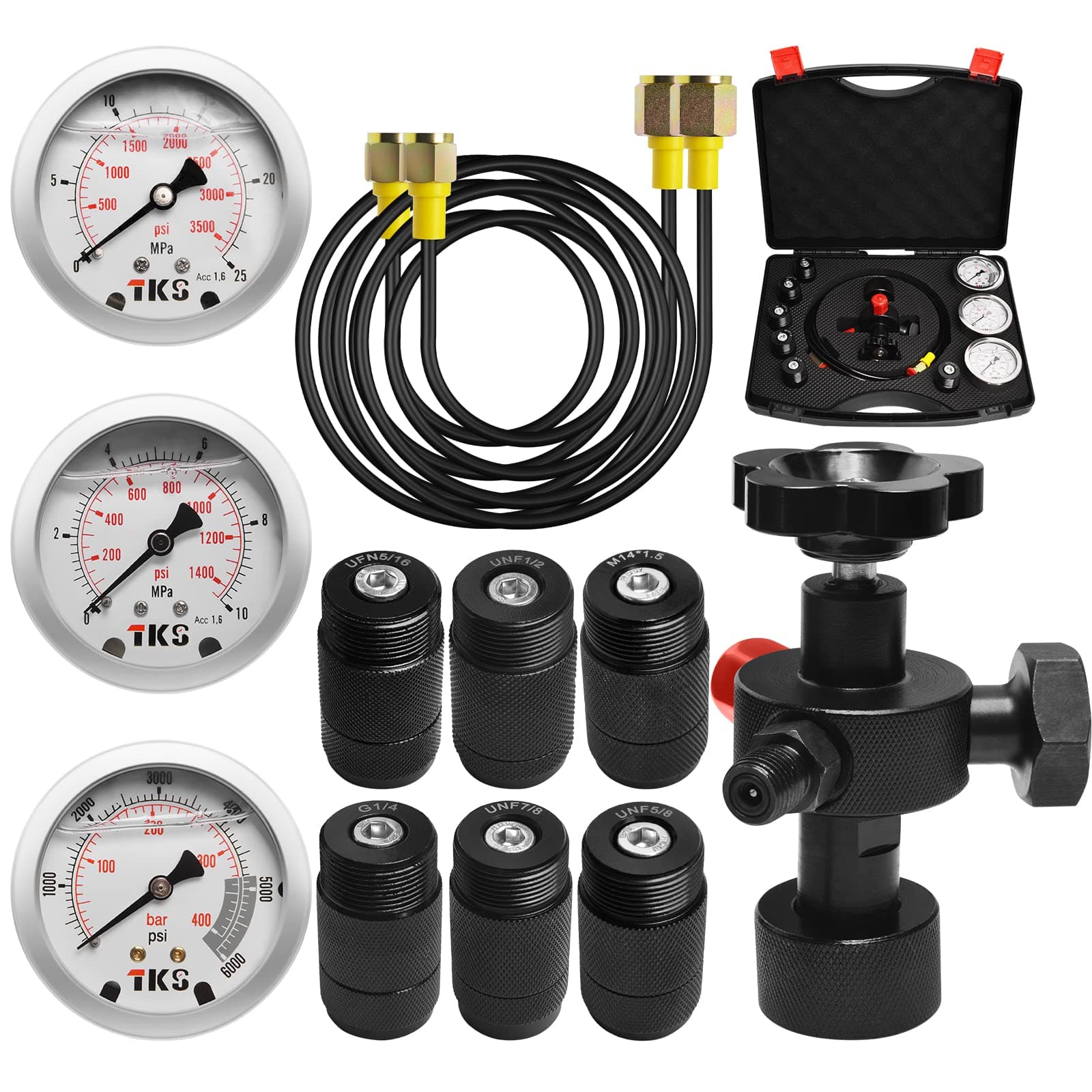 Hydraulic Nitrogen Accumulator Charging Kit, Nitrogen Fill Kit, Nitrogen Pressure Test System with 7 Couplings, 3 Gauges, and 2 Gas Hose