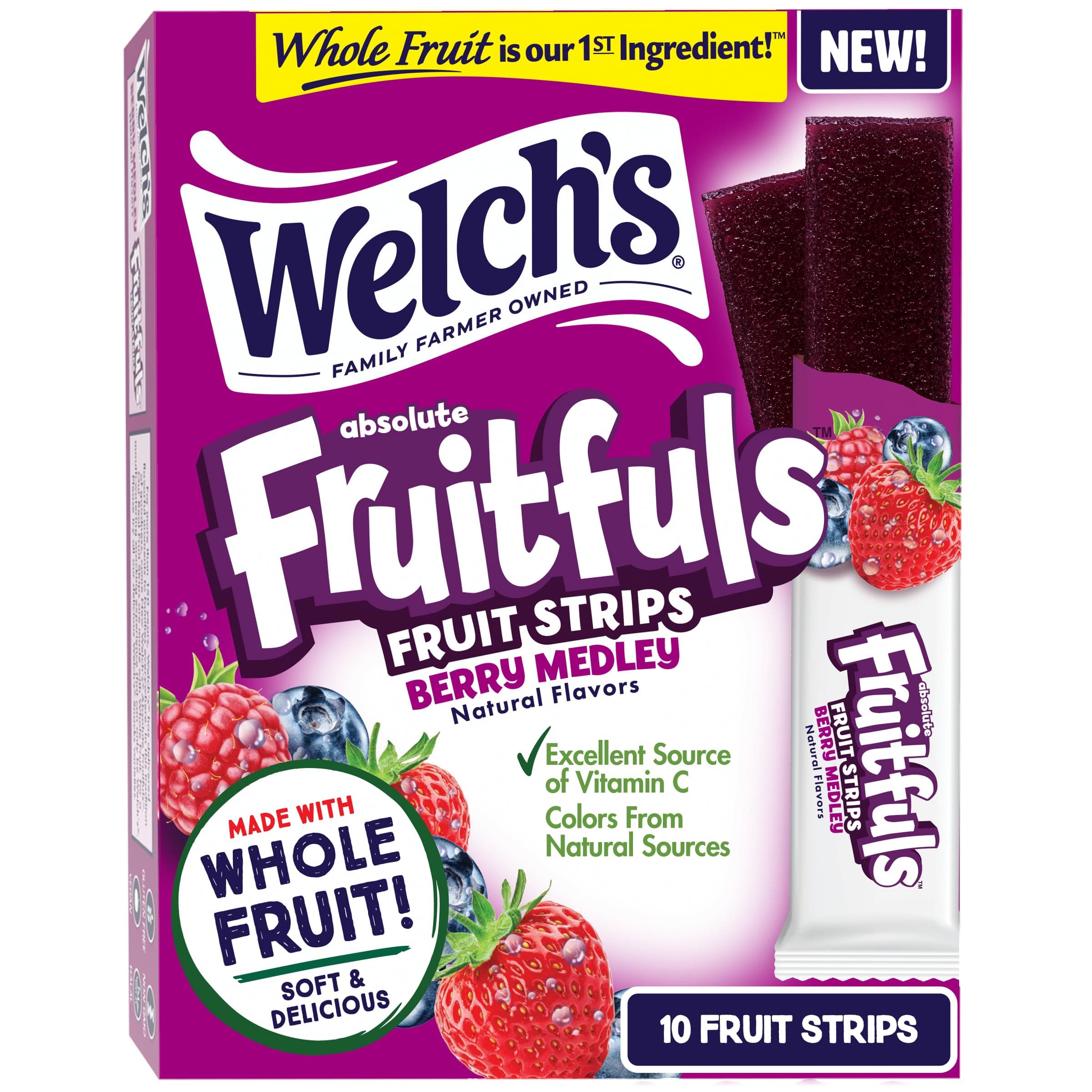 Absolute Fruitfuls Fruit Strips, Tasty Dried Fruit Snacks for School Lunches, Berry Medley, 0.5oz (Pack of 10)