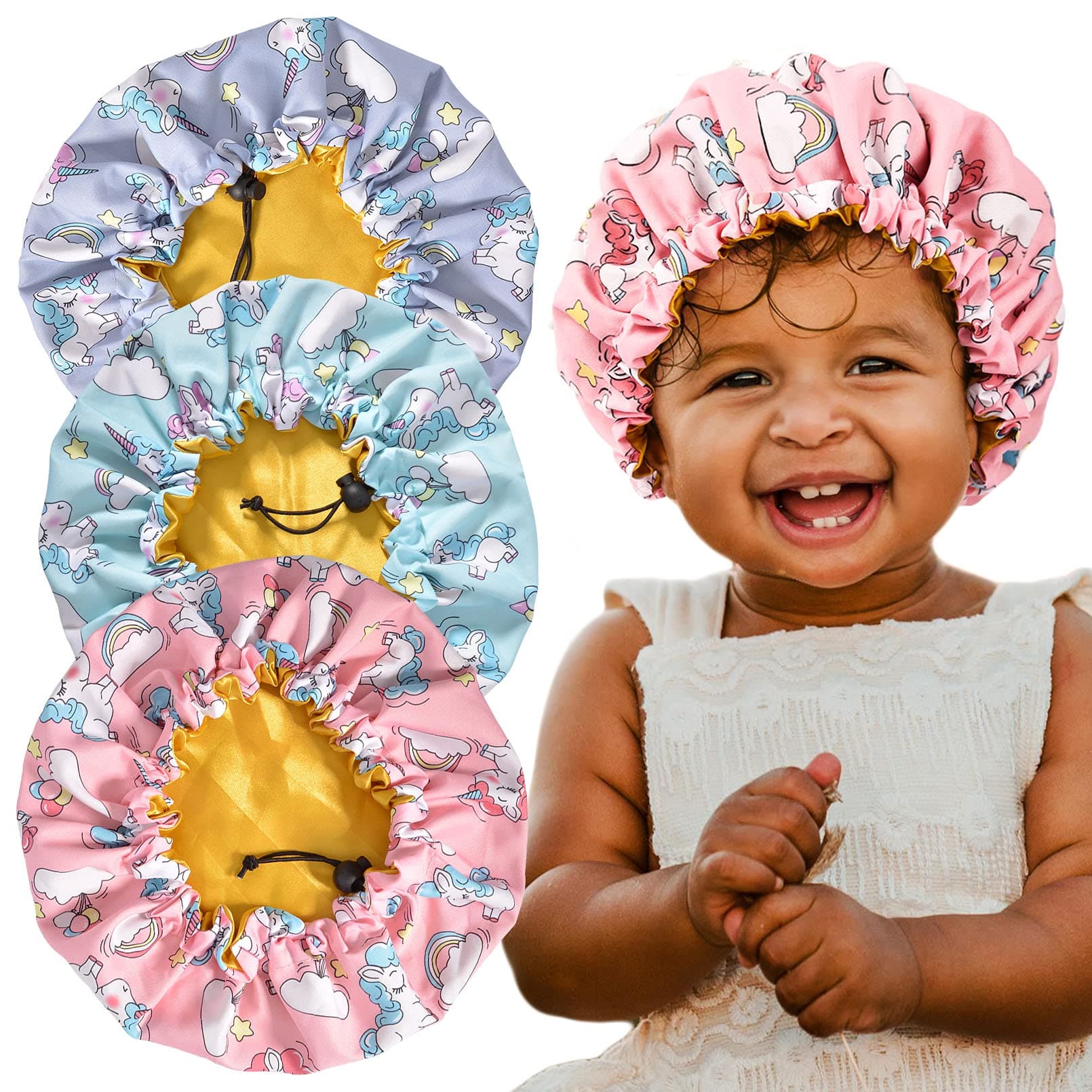 3 Pieces Kids Unicorn Satin Bonnet Adjustable Sleeping Cap Soft Silk Flower Night Hats for Natural Hair Teens Toddler Child Baby Reversible Double