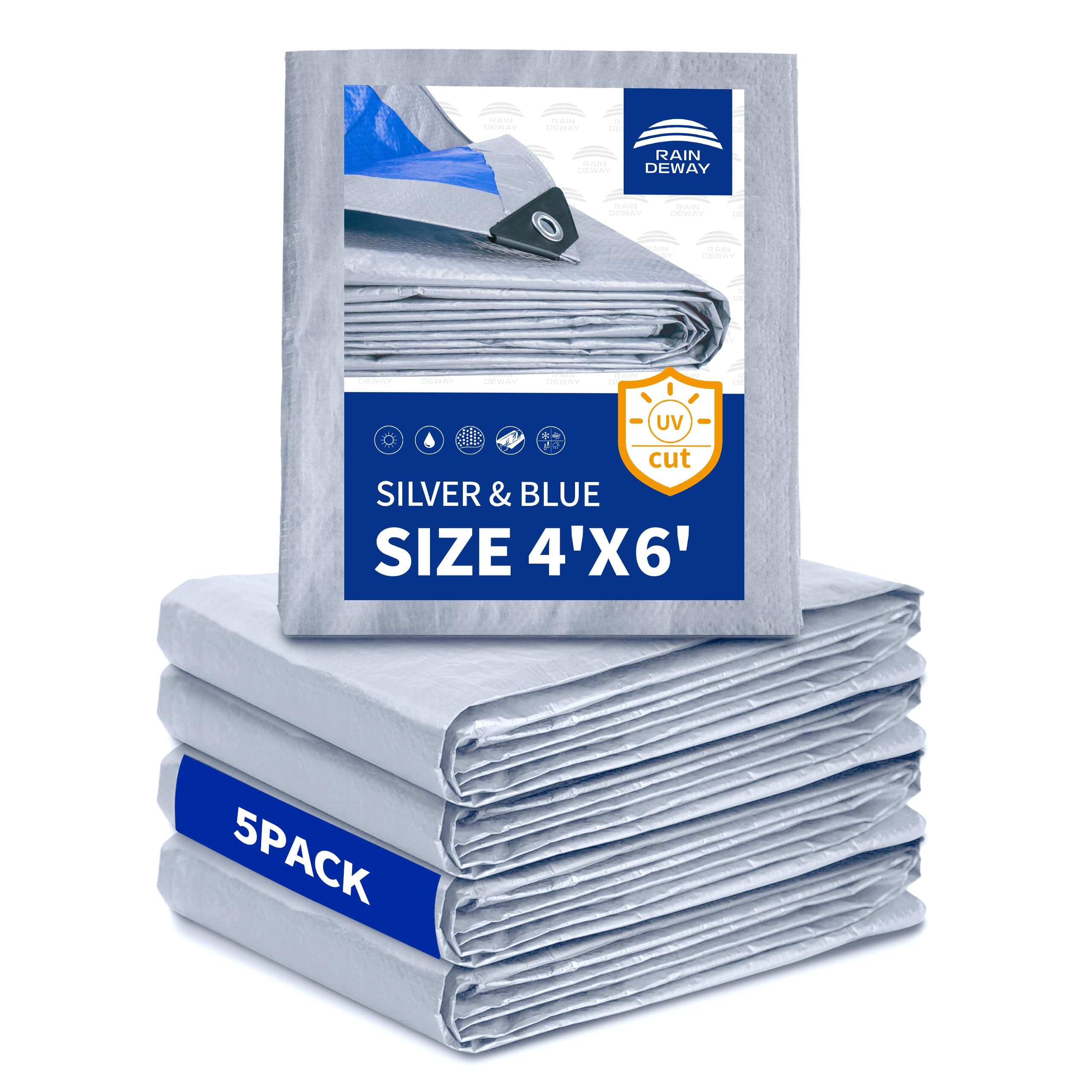 Small Tarps 4x6 Feet (5 Pack), 5.5 Mil Thick, Multipurpose Waterproof Poly Tarp Cover with Metal Grommets and Reinforced Edges, Silver/Blue Tarp by RAINDEWAY